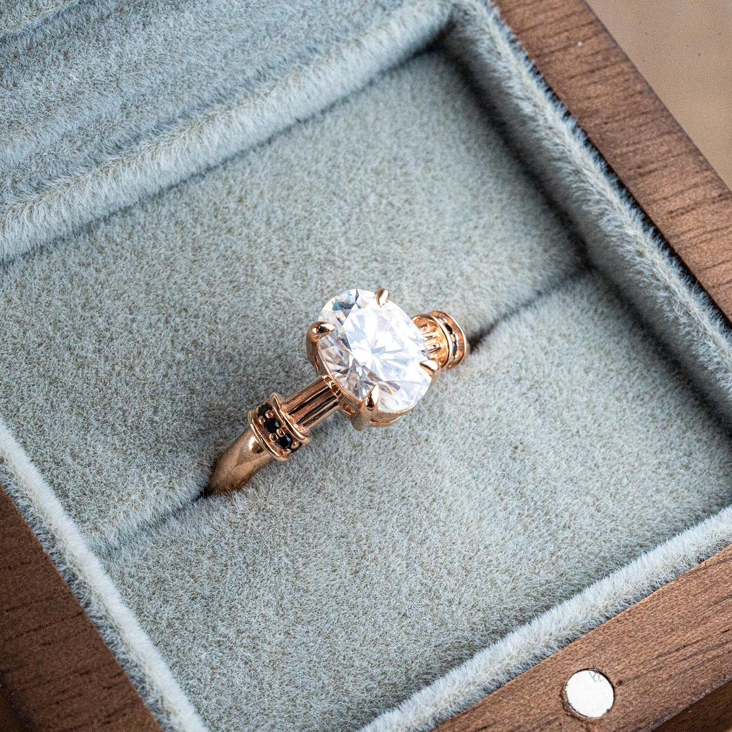 LUMINA - Oval Moissanite and Black Onyx Rose Gold Ring Classic Engagement Ring