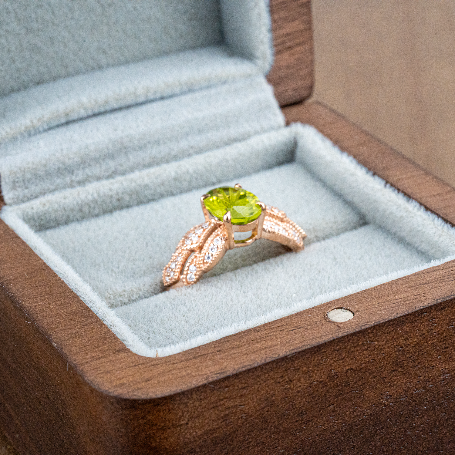AETHER - Fireworks Cut Oval Peridot Rose Gold Moissanite Ring Green Gems Ring