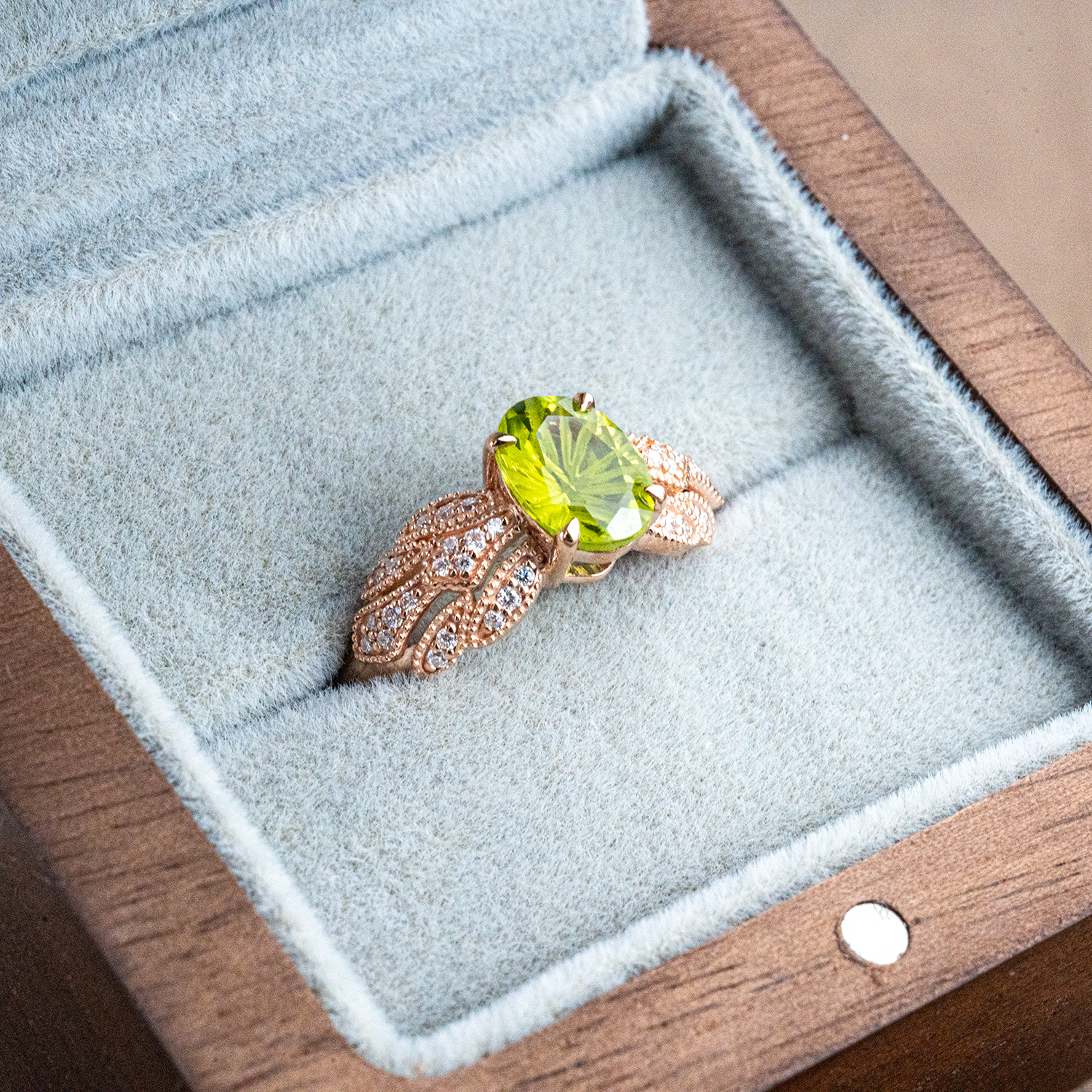 AETHER - Fireworks Cut Oval Peridot Rose Gold Moissanite Ring Green Gems Ring