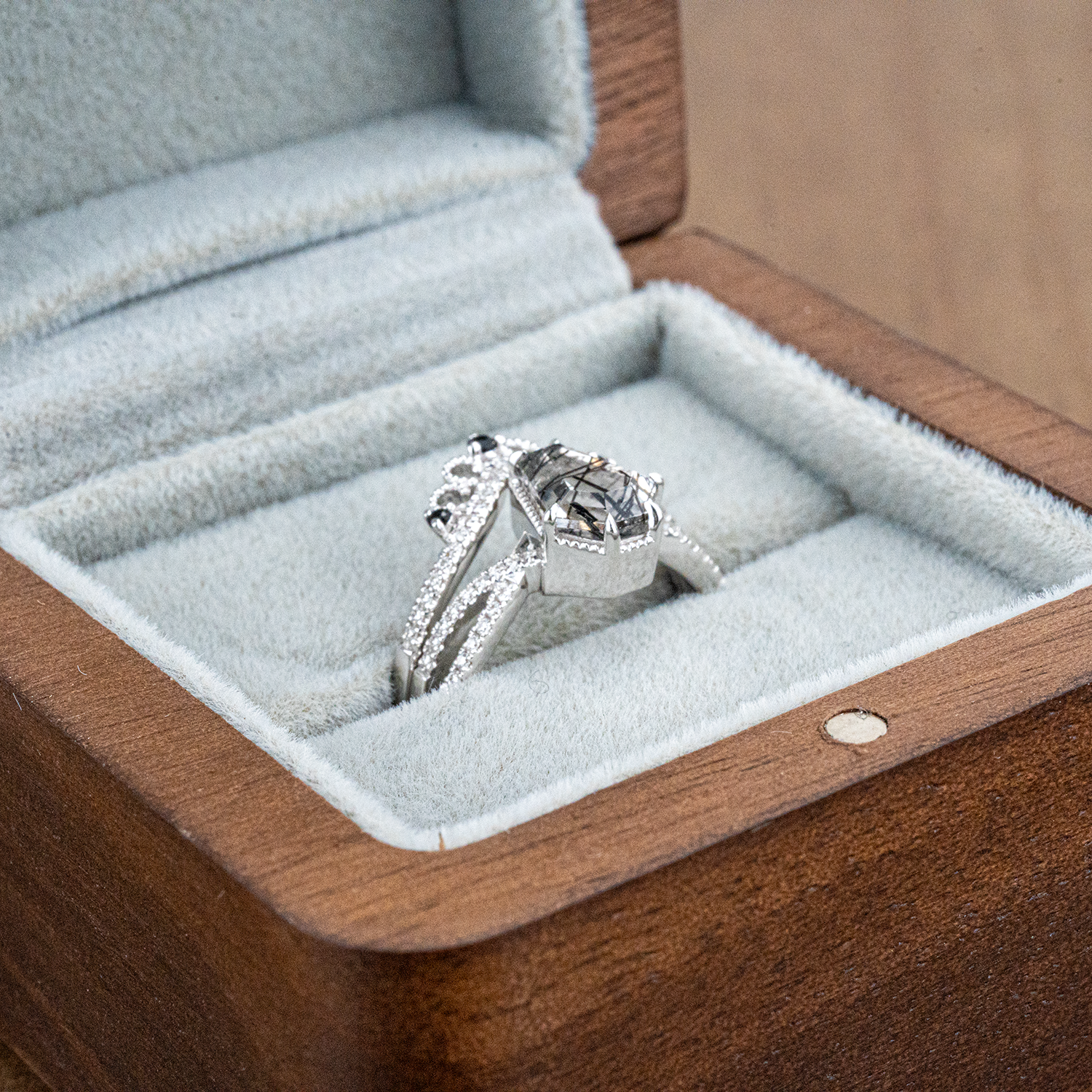 LUMINA - Black Rutilated Quartz White Gold Ring Set Luxury White Gold Ring Wedding