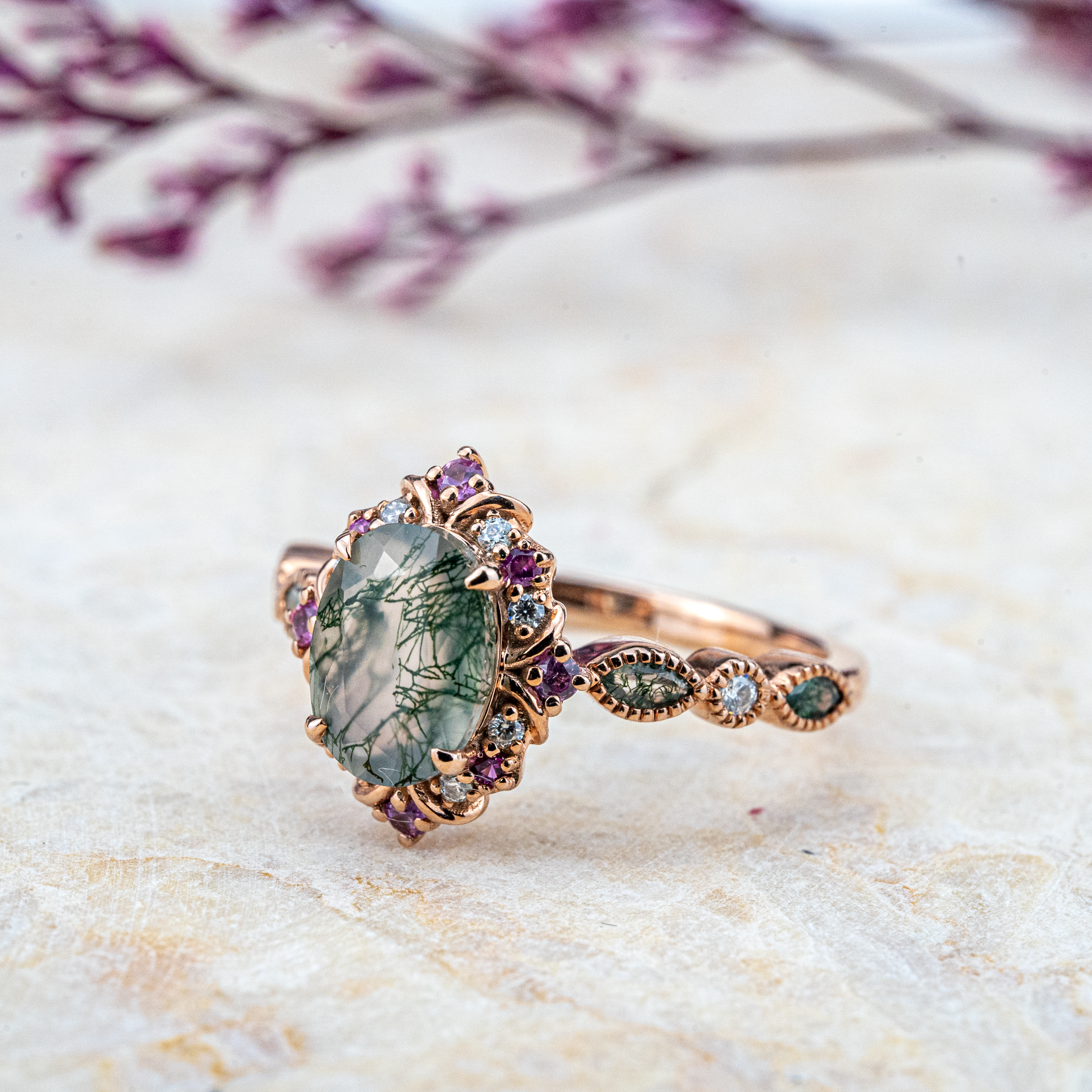 Oval Moss Agate With Amethyst Gold Ring Nature Inspired Design.