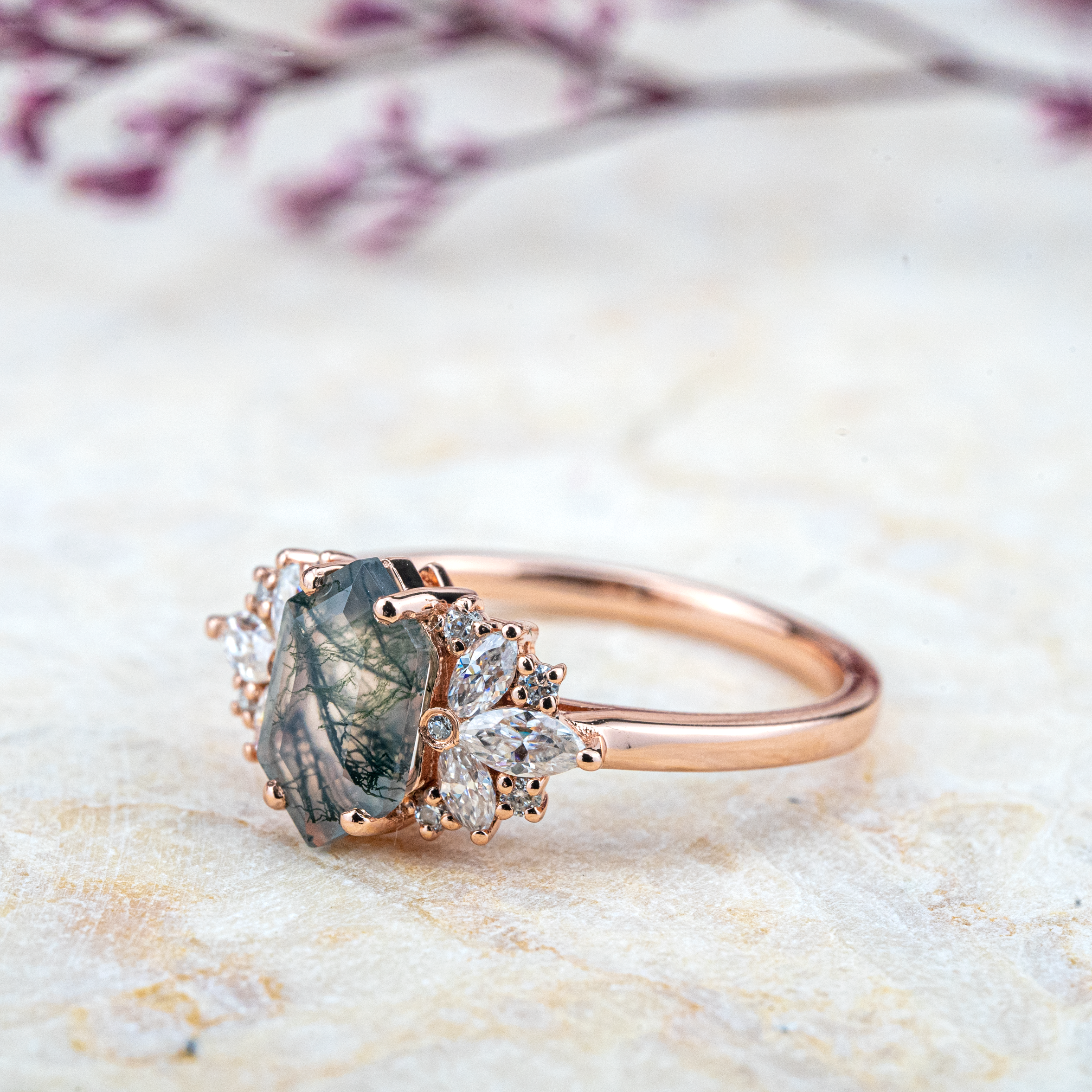 Long Hexagon Moss Agate Flower Cluster Engagement Gold Ring With Moissanite.