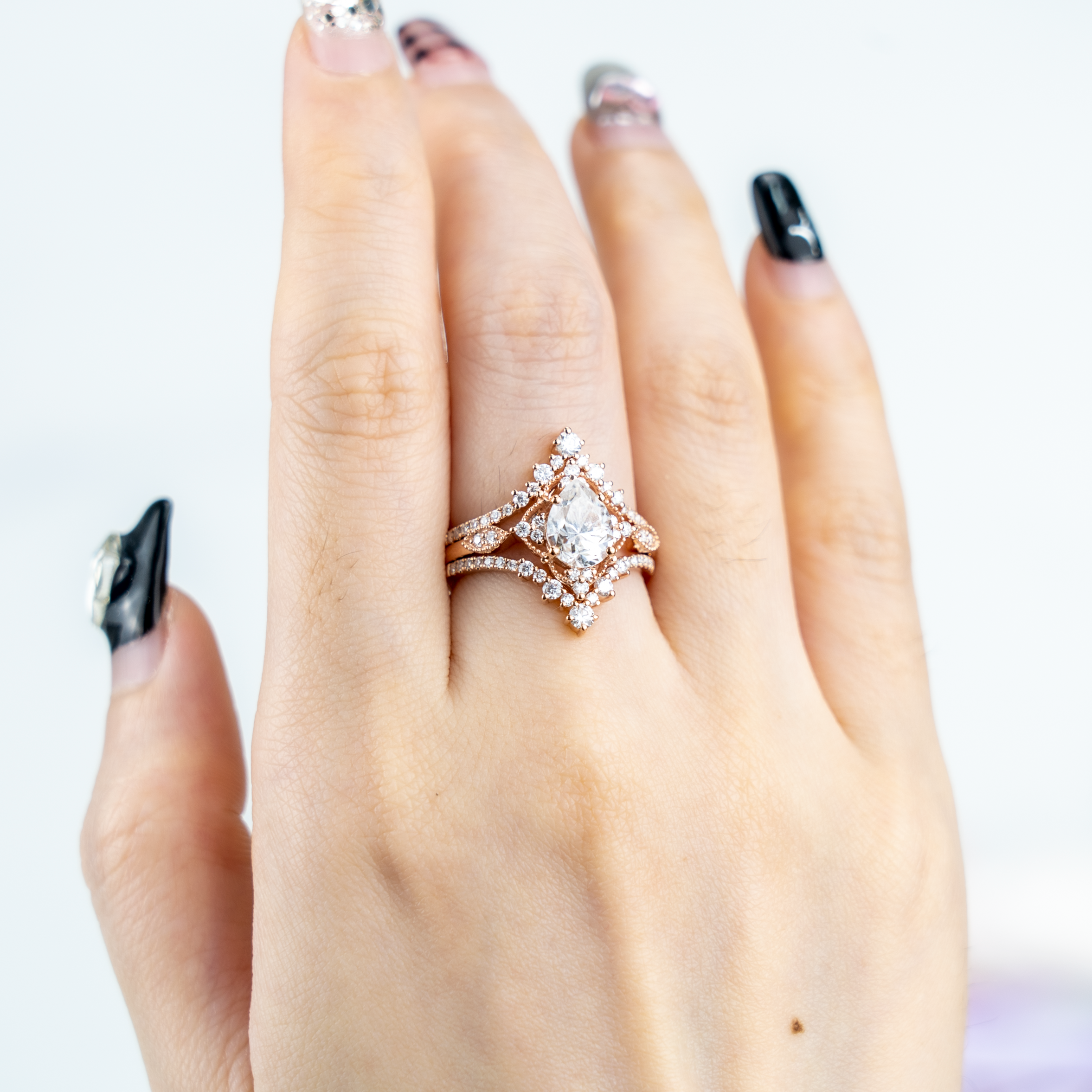 Luxurious rose gold moissanite engagement ring set for an elegant proposal