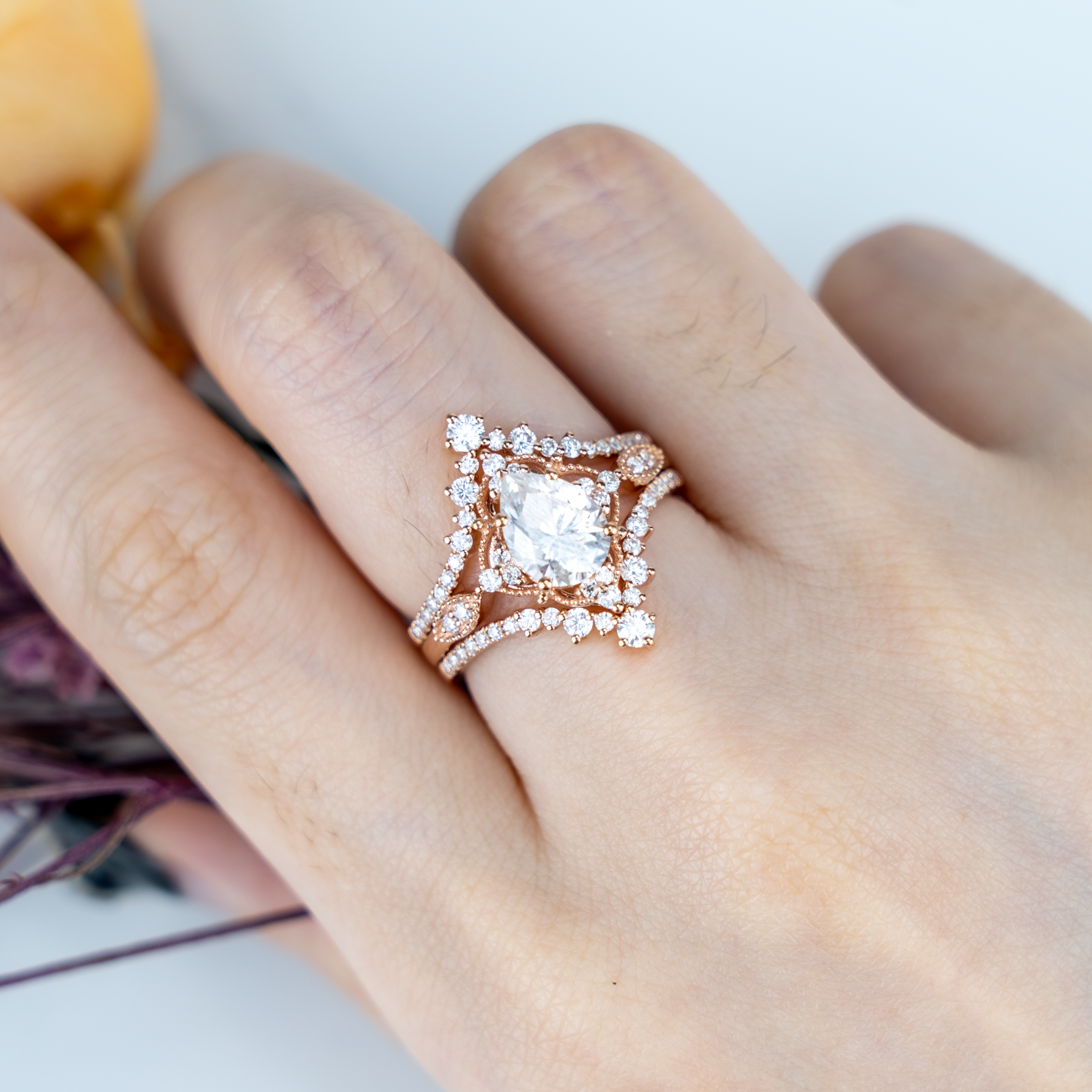 Luxurious rose gold moissanite engagement ring set for an elegant proposal
