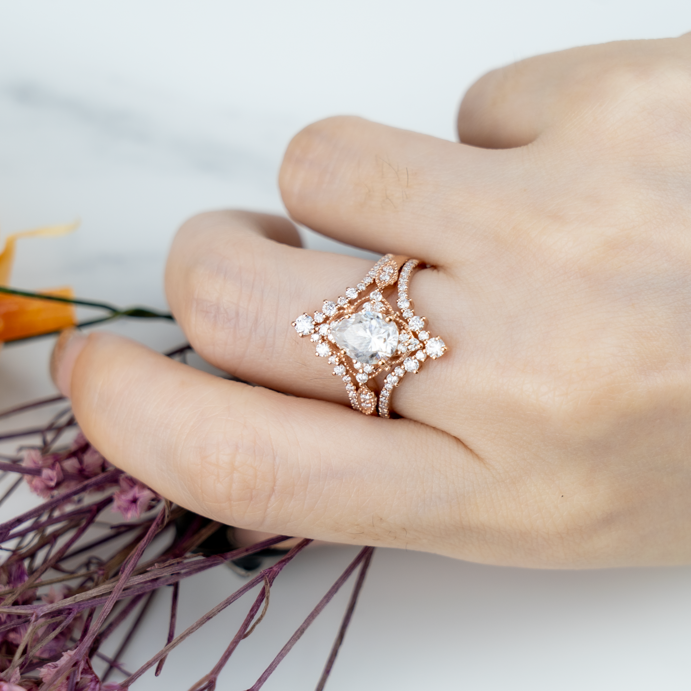 Luxurious rose gold moissanite engagement ring set for an elegant proposal