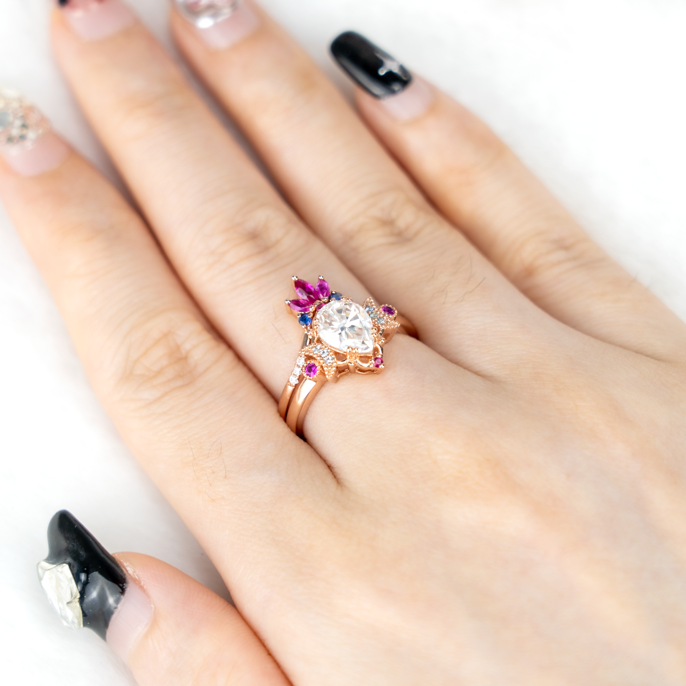 Pear Moissanite&Amethyst Engagement Ring Set.