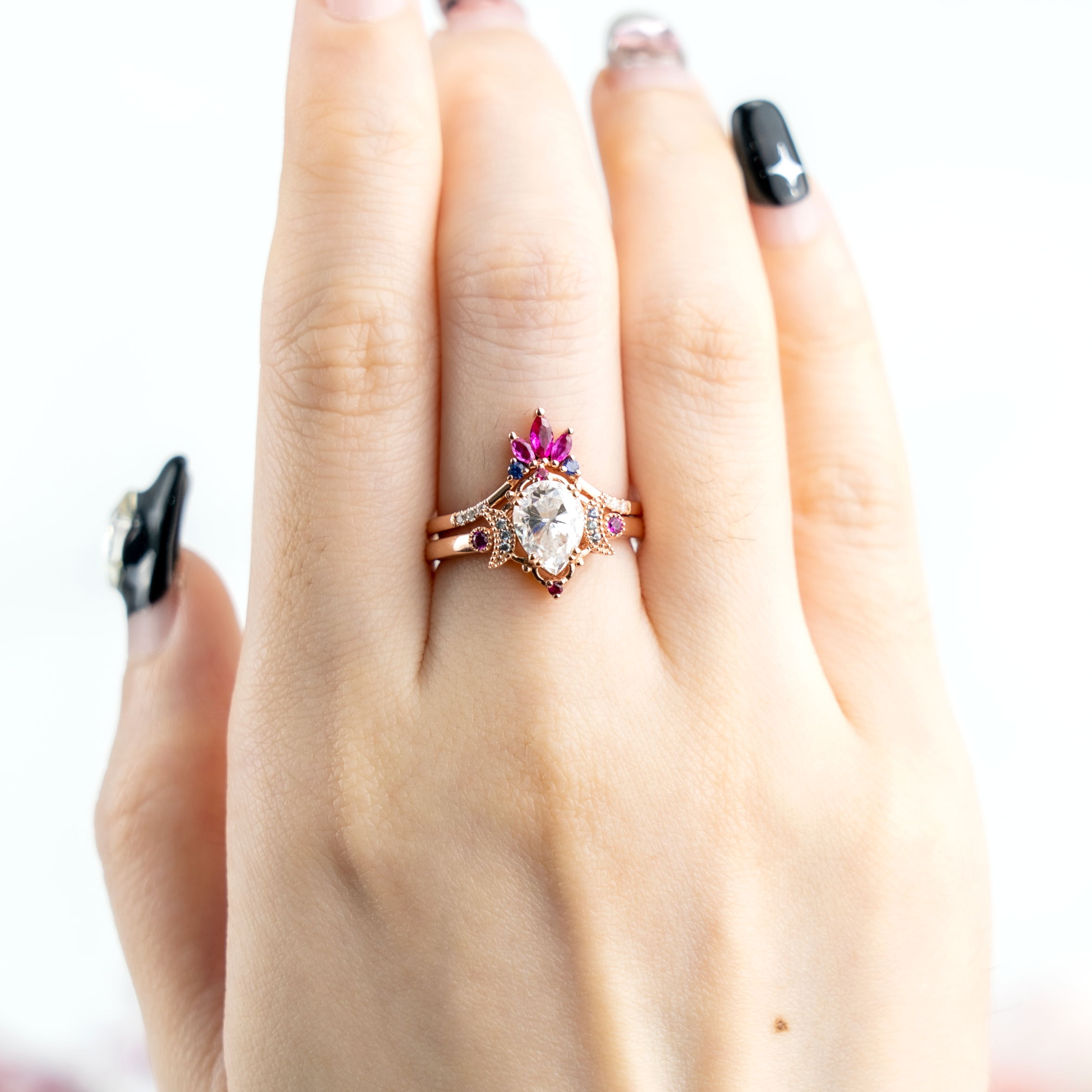 Pear Moissanite&Amethyst Engagement Ring Set.