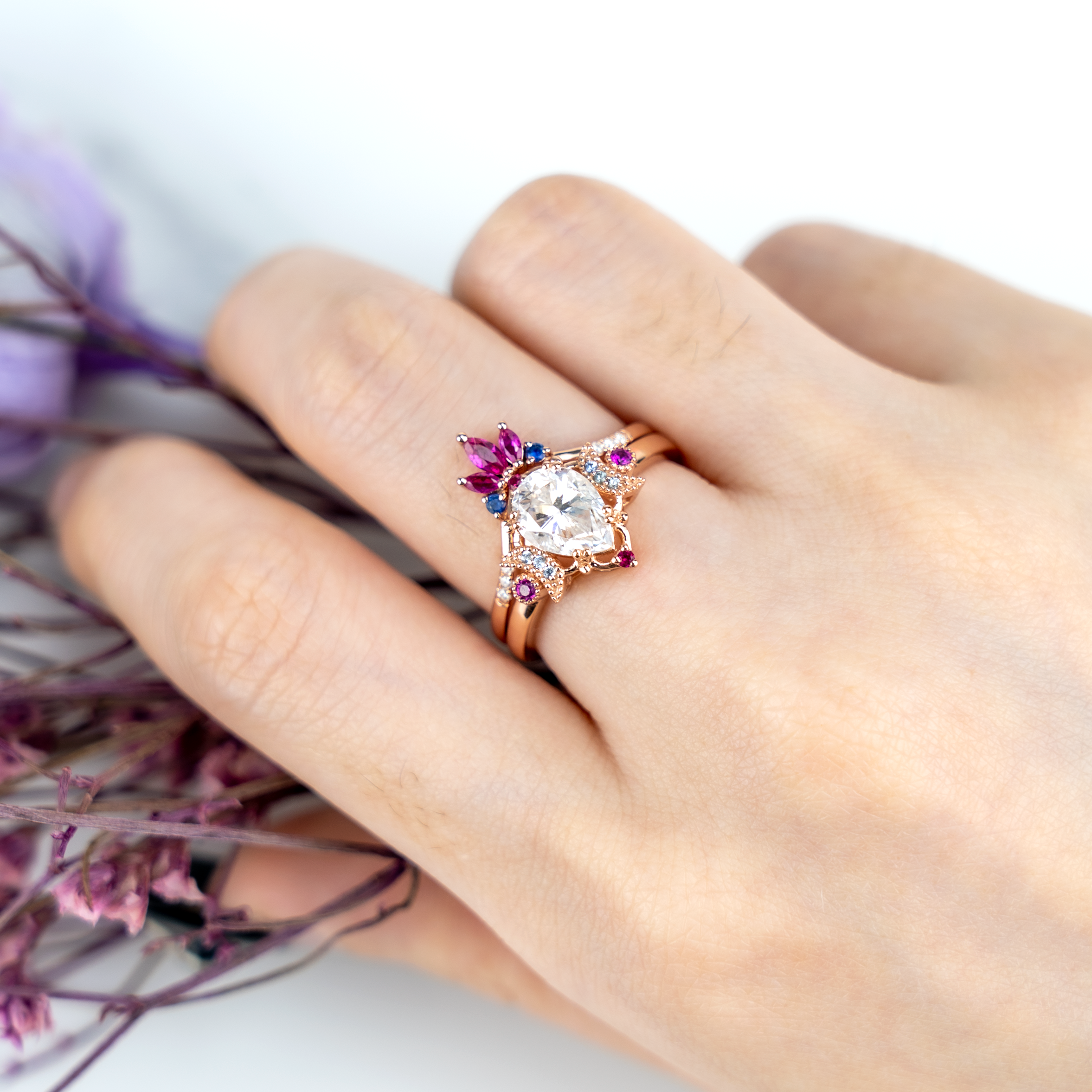 Pear Moissanite&Amethyst Engagement Ring Set.