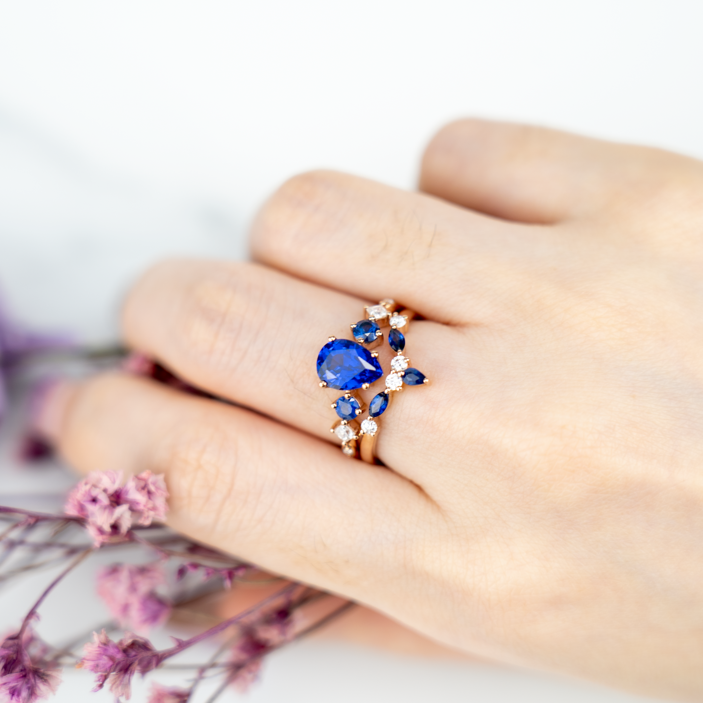Luxurious Lab Pear Sapphire With Moissanite Ring Set.