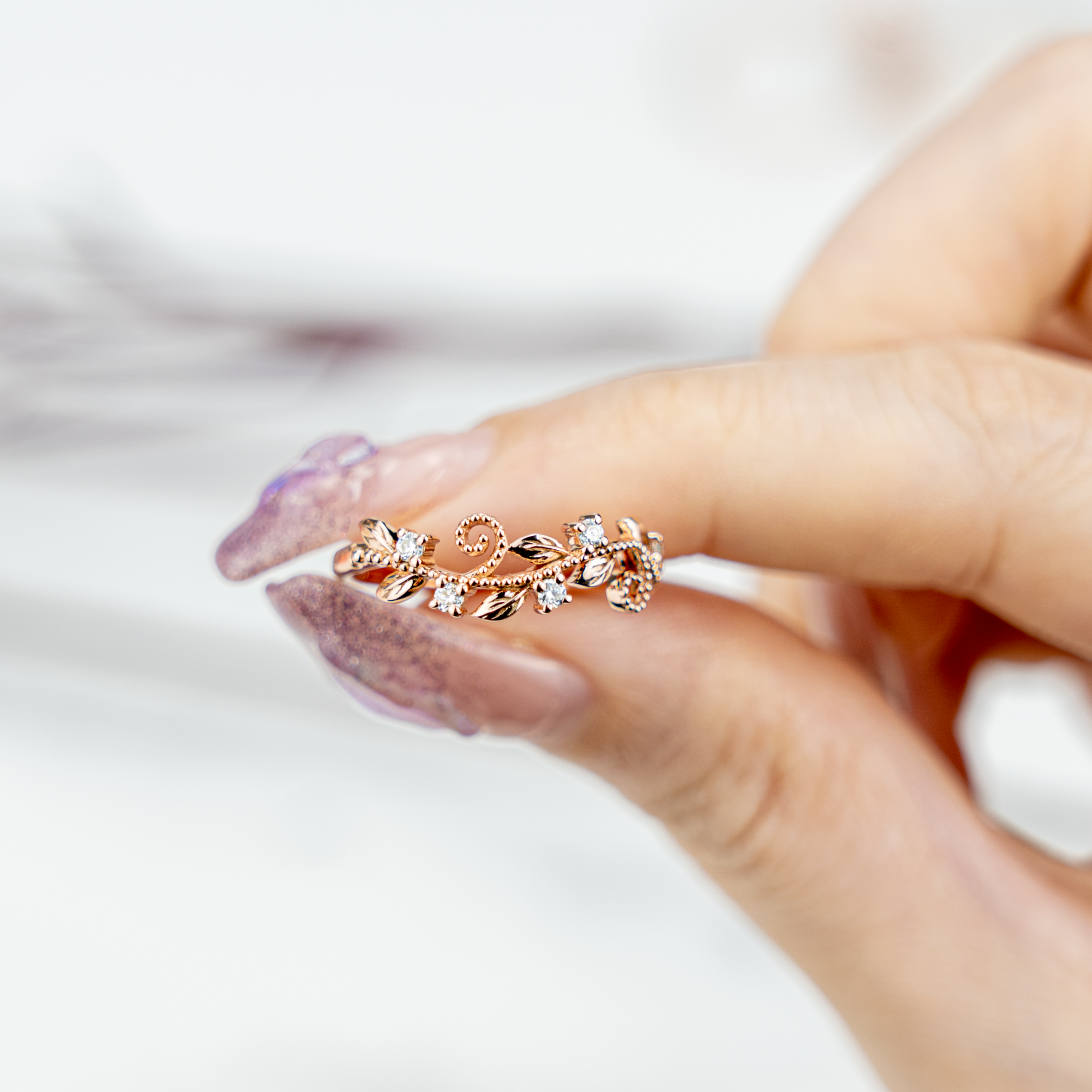 Elegant rose gold Art Deco ring, handcrafted with intricate details and a touch of luxury