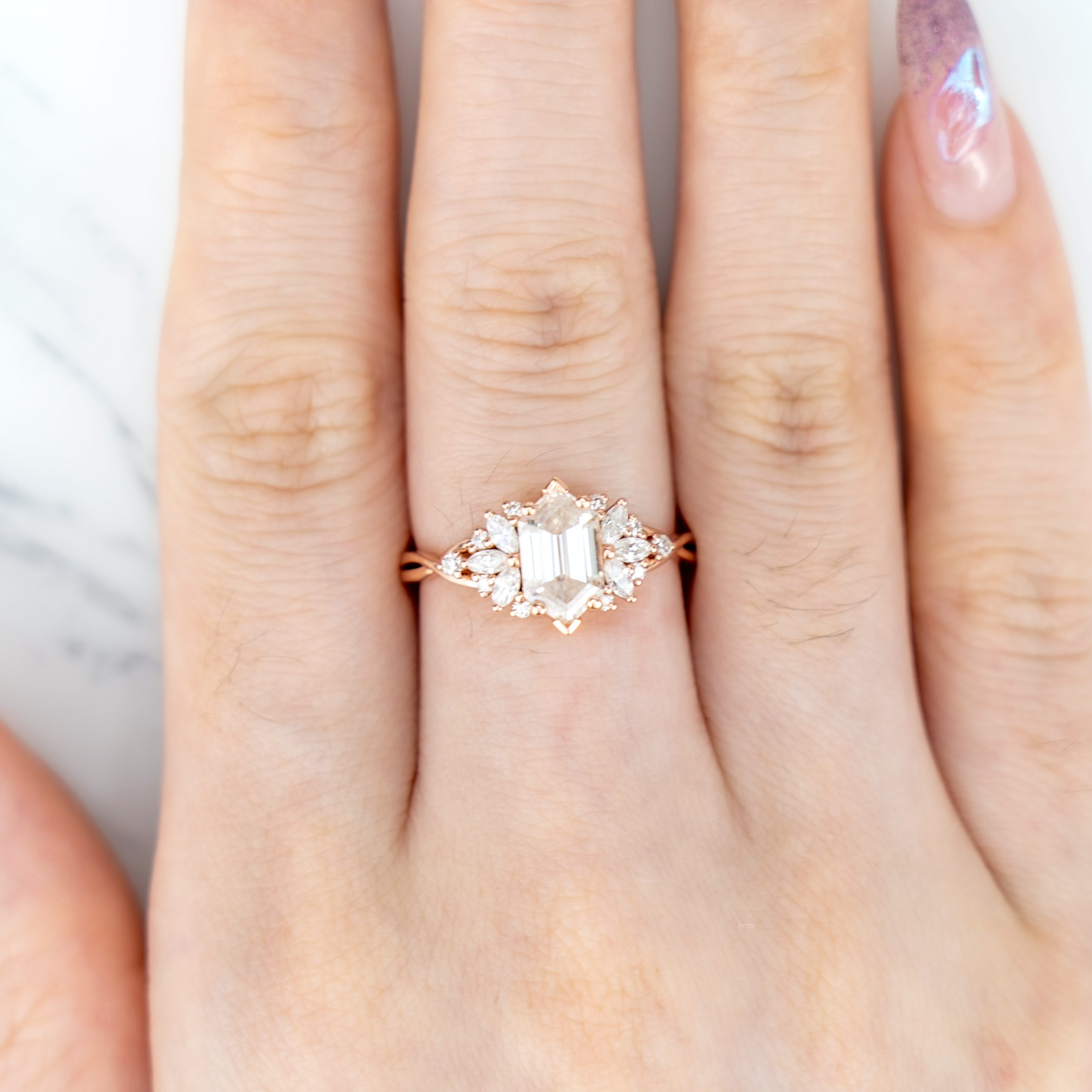 Long Hexagon Moissanite Flower Cluster Engagement Gold Ring