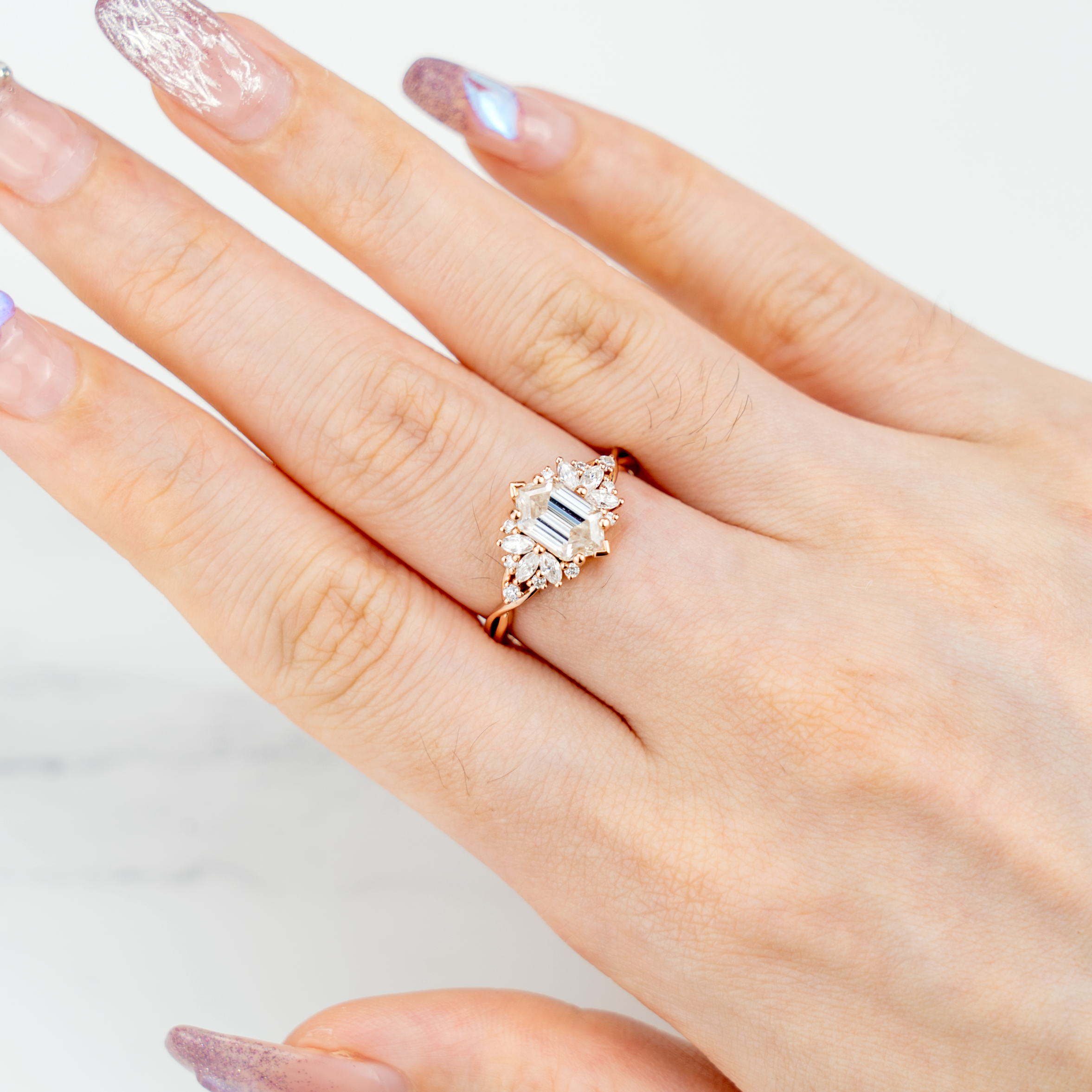 Long Hexagon Moissanite Flower Cluster Engagement Gold Ring