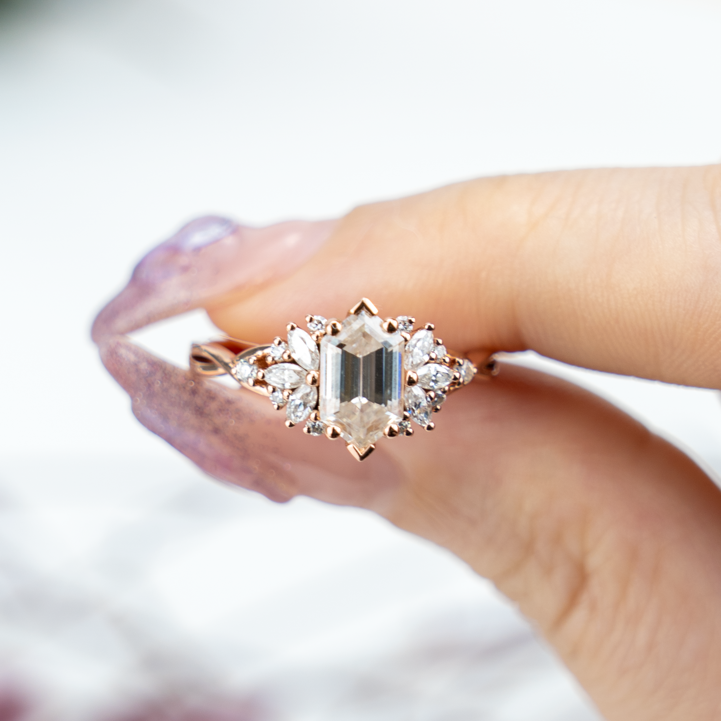 Long Hexagon Moissanite Flower Cluster Engagement Gold Ring