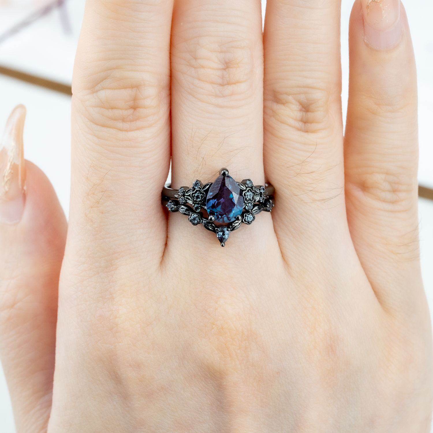 Botanical Elegance -Pear Cut Lab Alexandrite Black Gold Engagement Ring Set Floral Ring