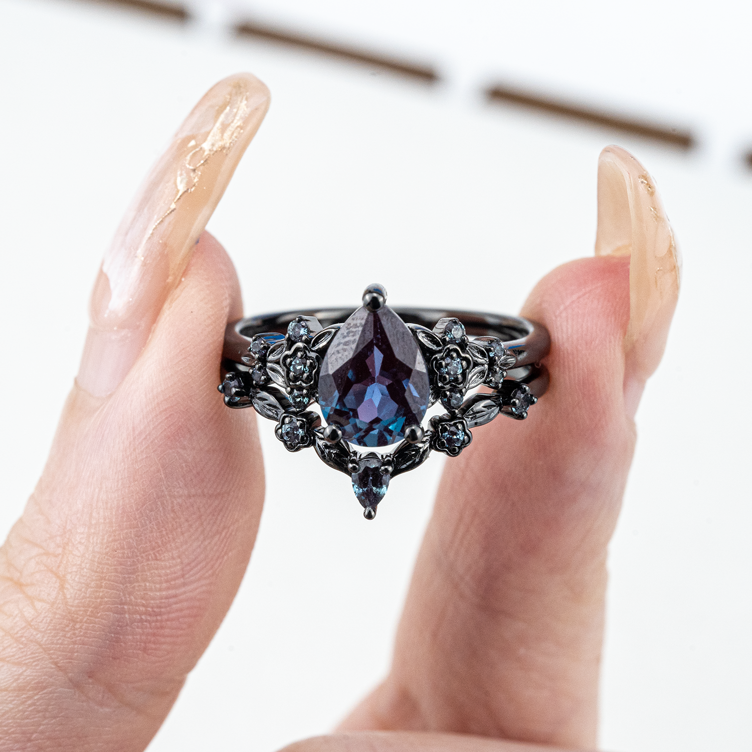 Botanical Elegance -Pear Cut Lab Alexandrite Black Gold Engagement Ring Set Floral Ring