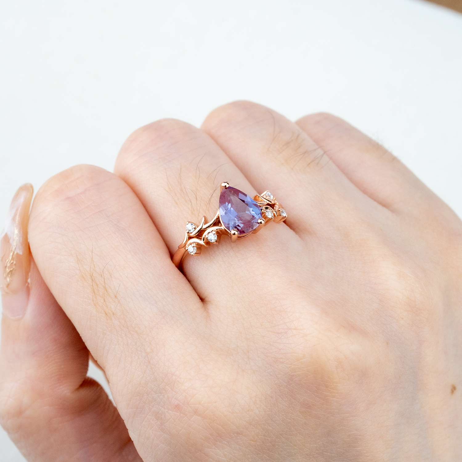 Promise Ring with Luxurious Pear Alexandrite Stone - Exquisite Nature-inspired Design