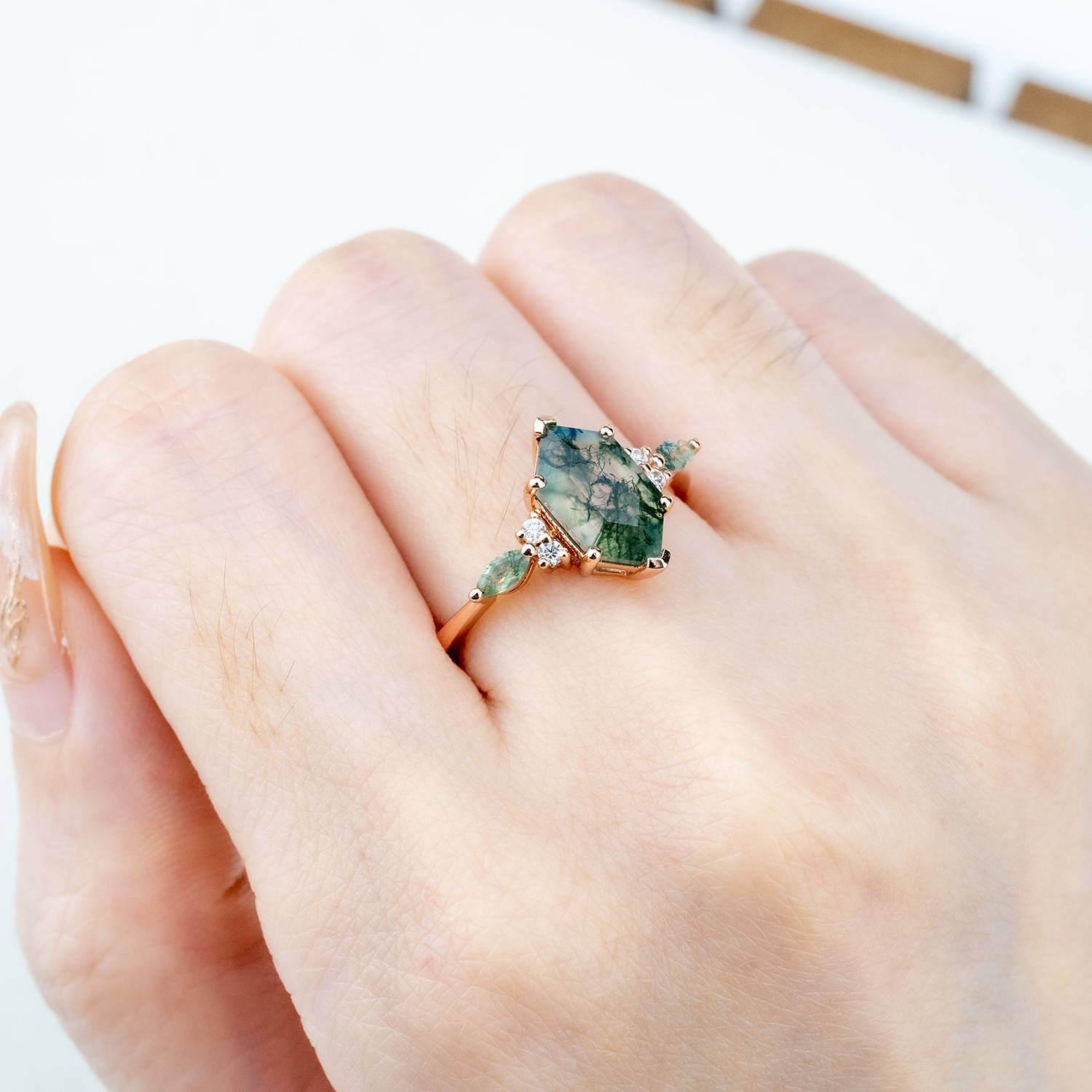 Unique Ring with Hexagonal Moss Agate stone - Statement accessory for any occasion
