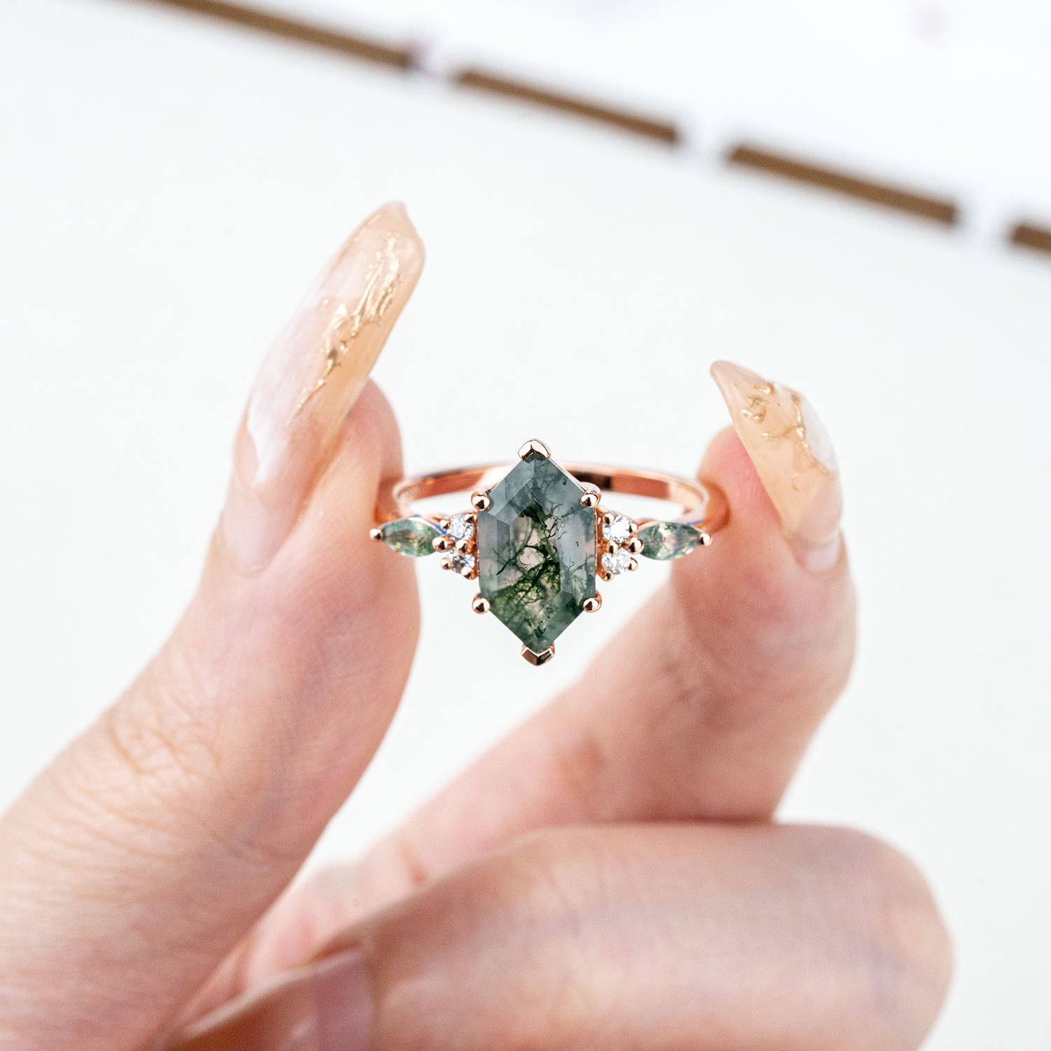Unique Ring with Hexagonal Moss Agate stone - Statement accessory for any occasion