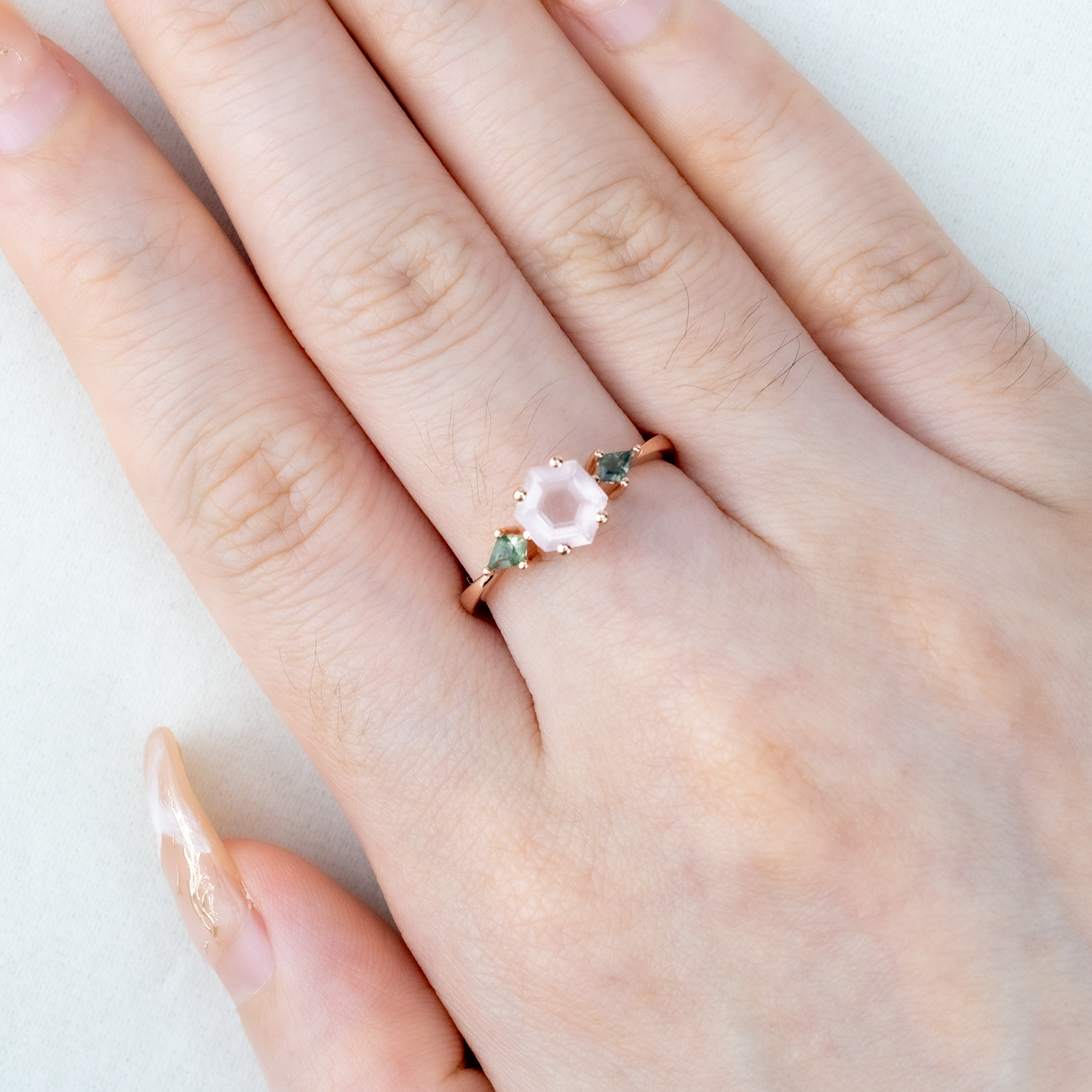 Unique hexagonal rose quartz and moss agate ring combo - a must-have!