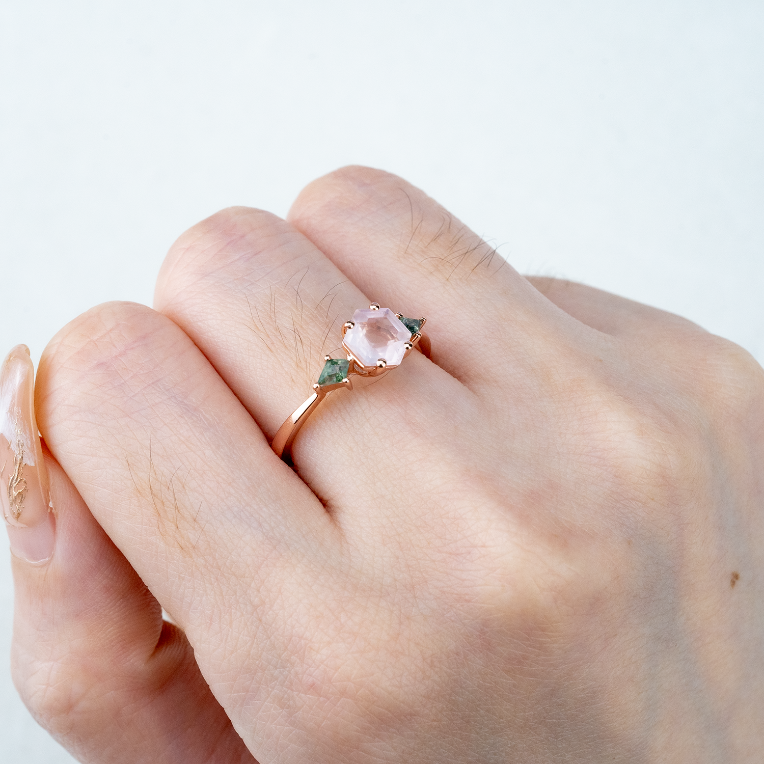 Unique hexagonal rose quartz and moss agate ring combo - a must-have!