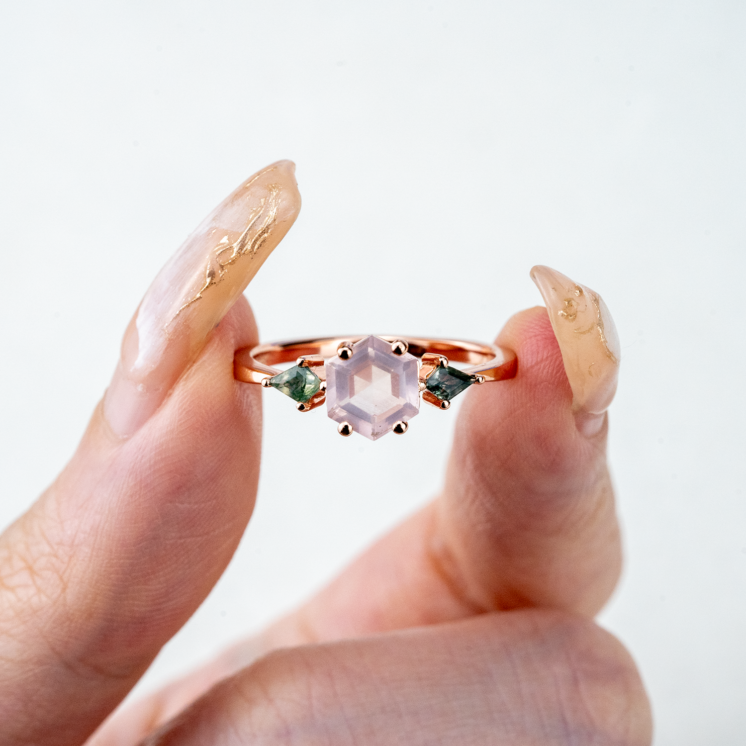 Unique hexagonal rose quartz and moss agate ring combo - a must-have!