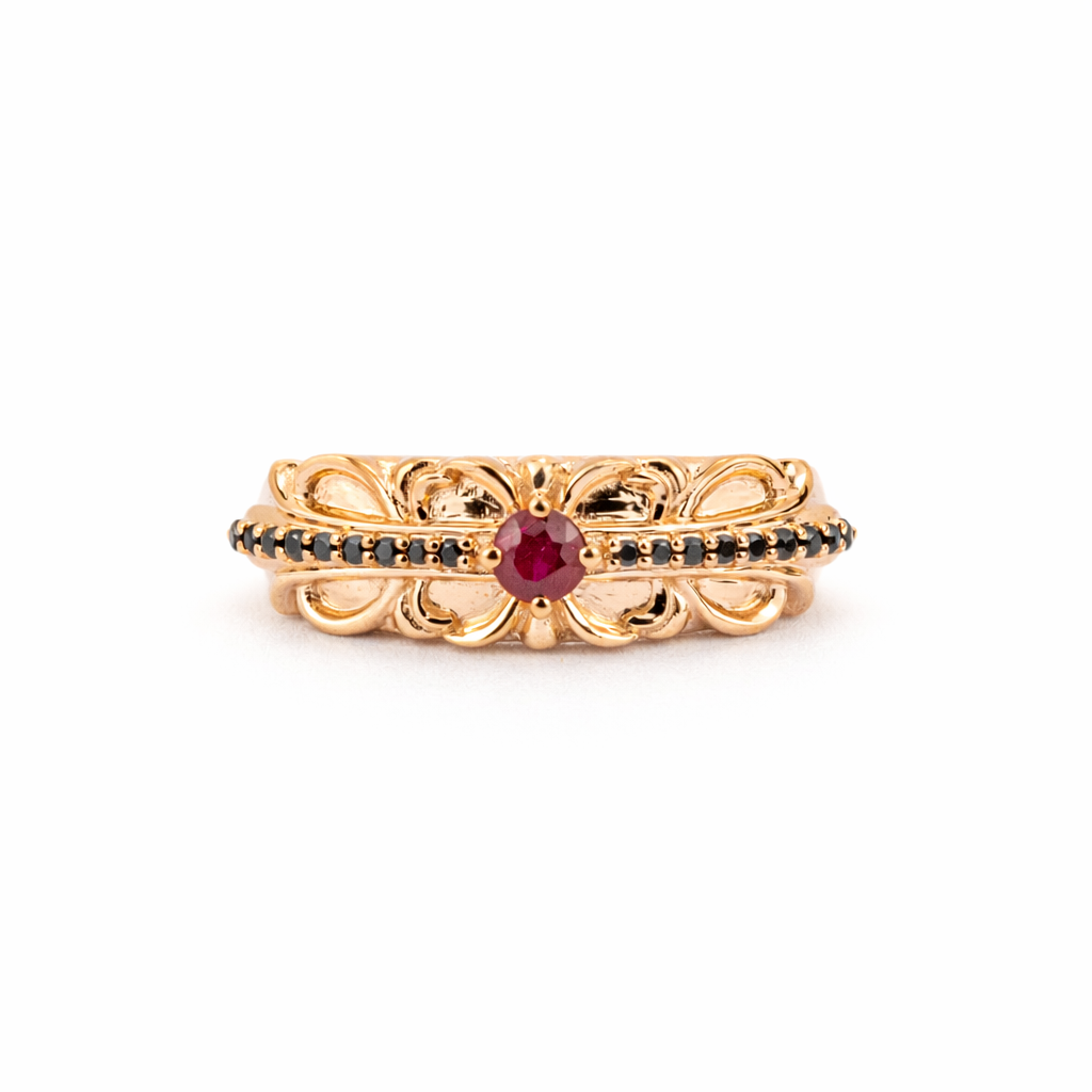 ELEVA - Vintage Round Garnet Rose Gold Engagement Band Handmade Gold Ring