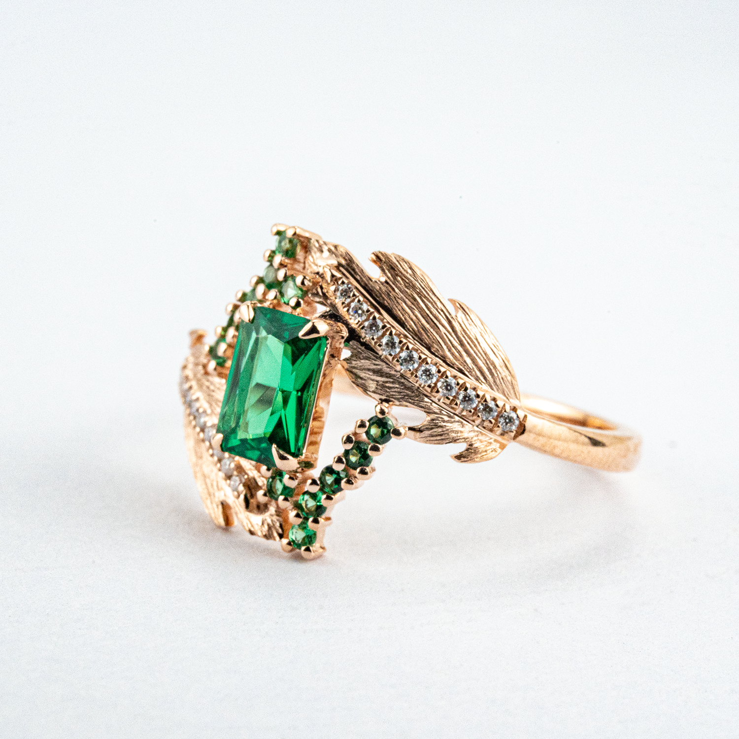 Luxurious Cultivated Emerald Leaf Textured Rose Gold Engagement Ring floral Ring