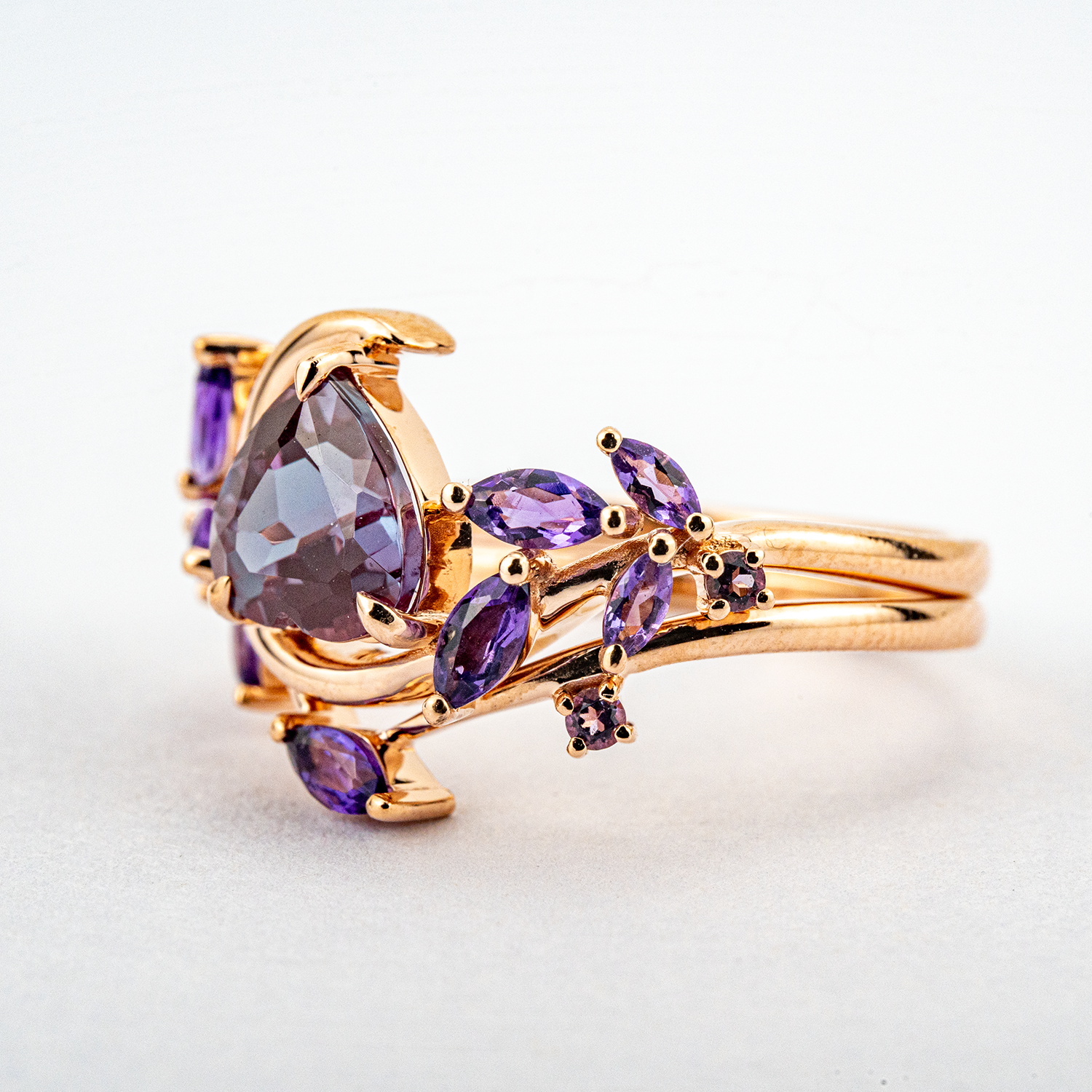 Heart Cut Alexandrite With Amethyst Engagement Ring Set Floral Engagement Ring Set