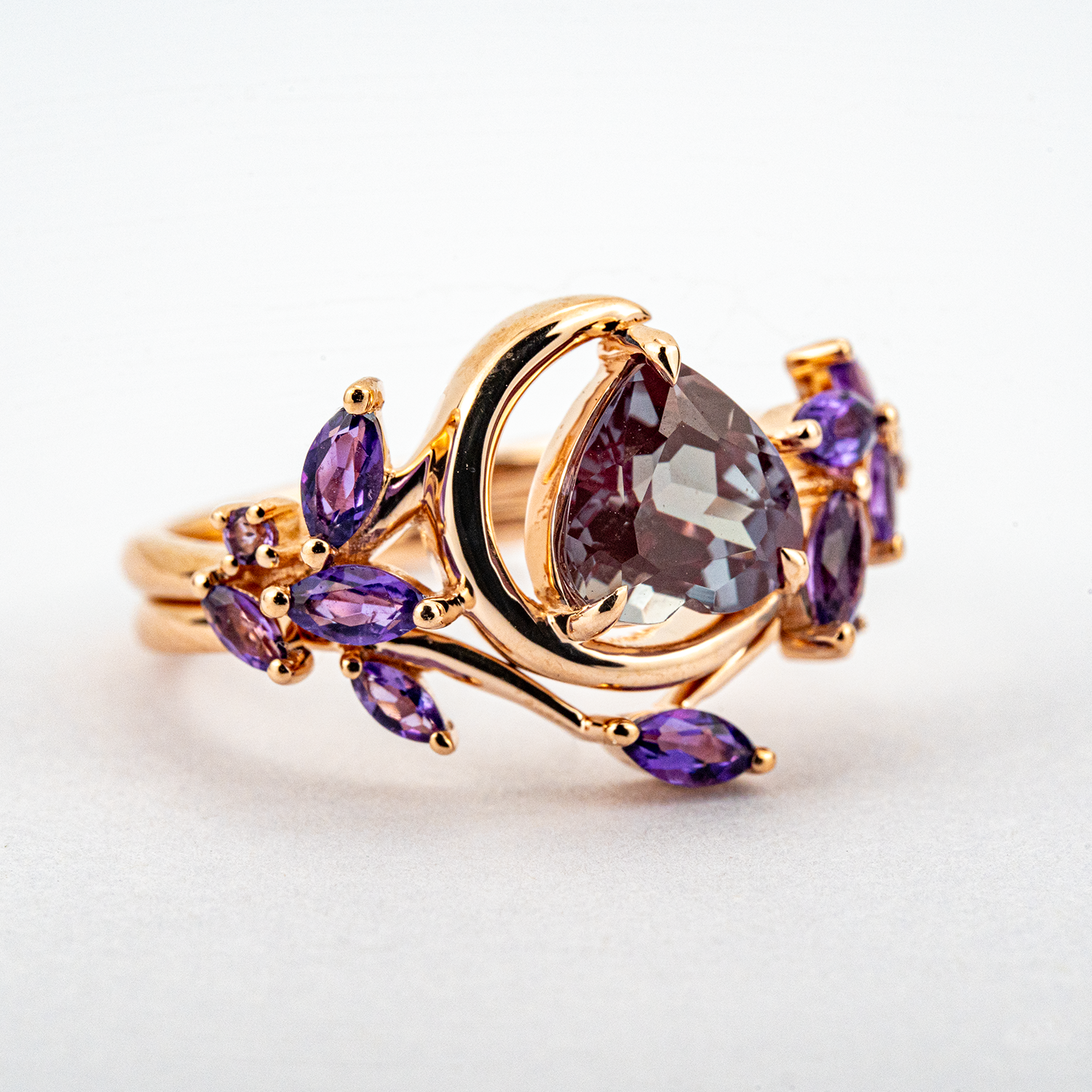 Heart Cut Alexandrite With Amethyst Engagement Ring Set Floral Engagement Ring Set