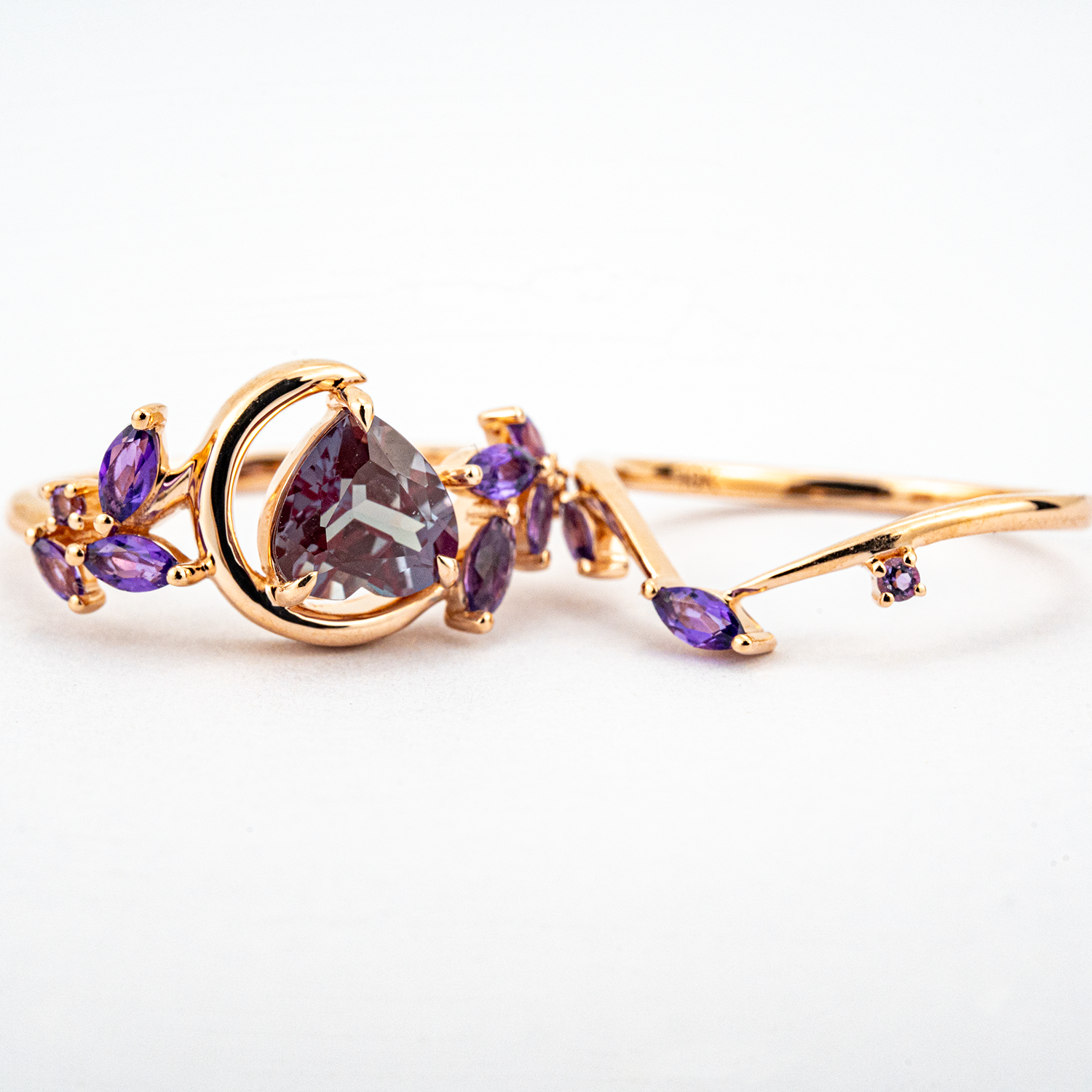Heart Cut Alexandrite With Amethyst Engagement Ring Set Floral Engagement Ring Set