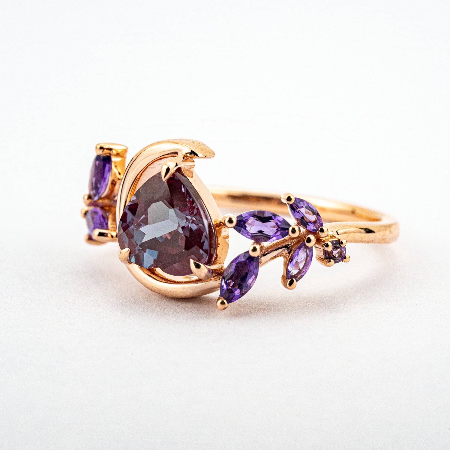 Heart Shaped Alexandrite and Amethyst Engagement Ring Floral Ring