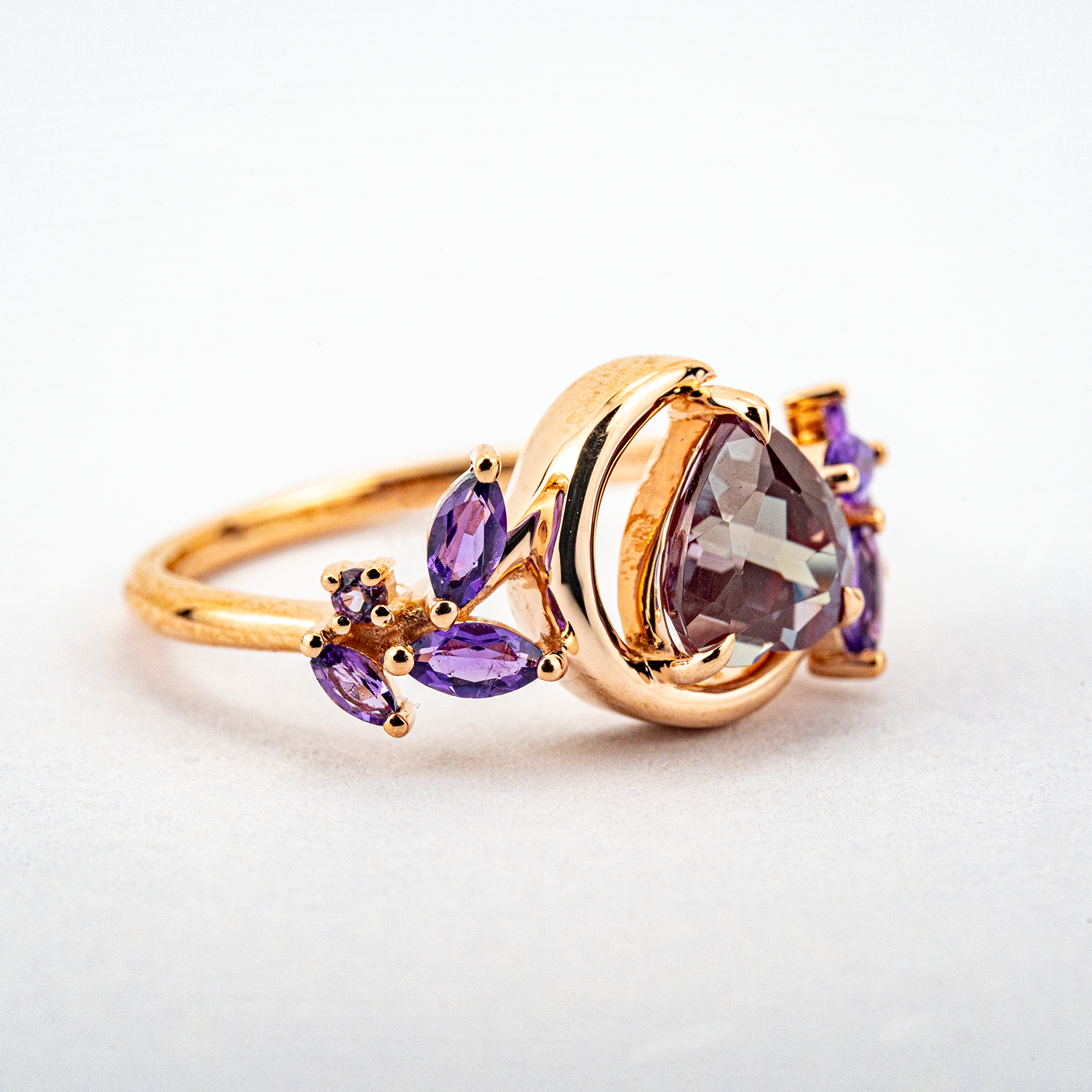 Heart Shaped Alexandrite and Amethyst Engagement Ring Floral Ring