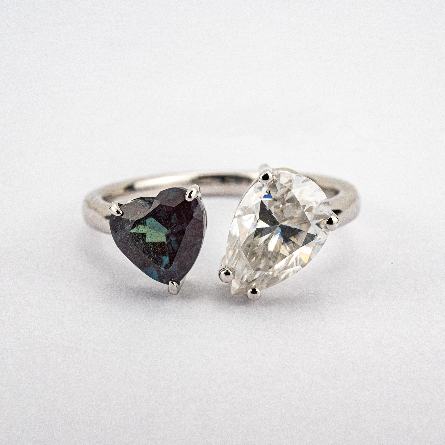 Heart Shaped Pear Two Stone Open Ring Alexandrite Ring