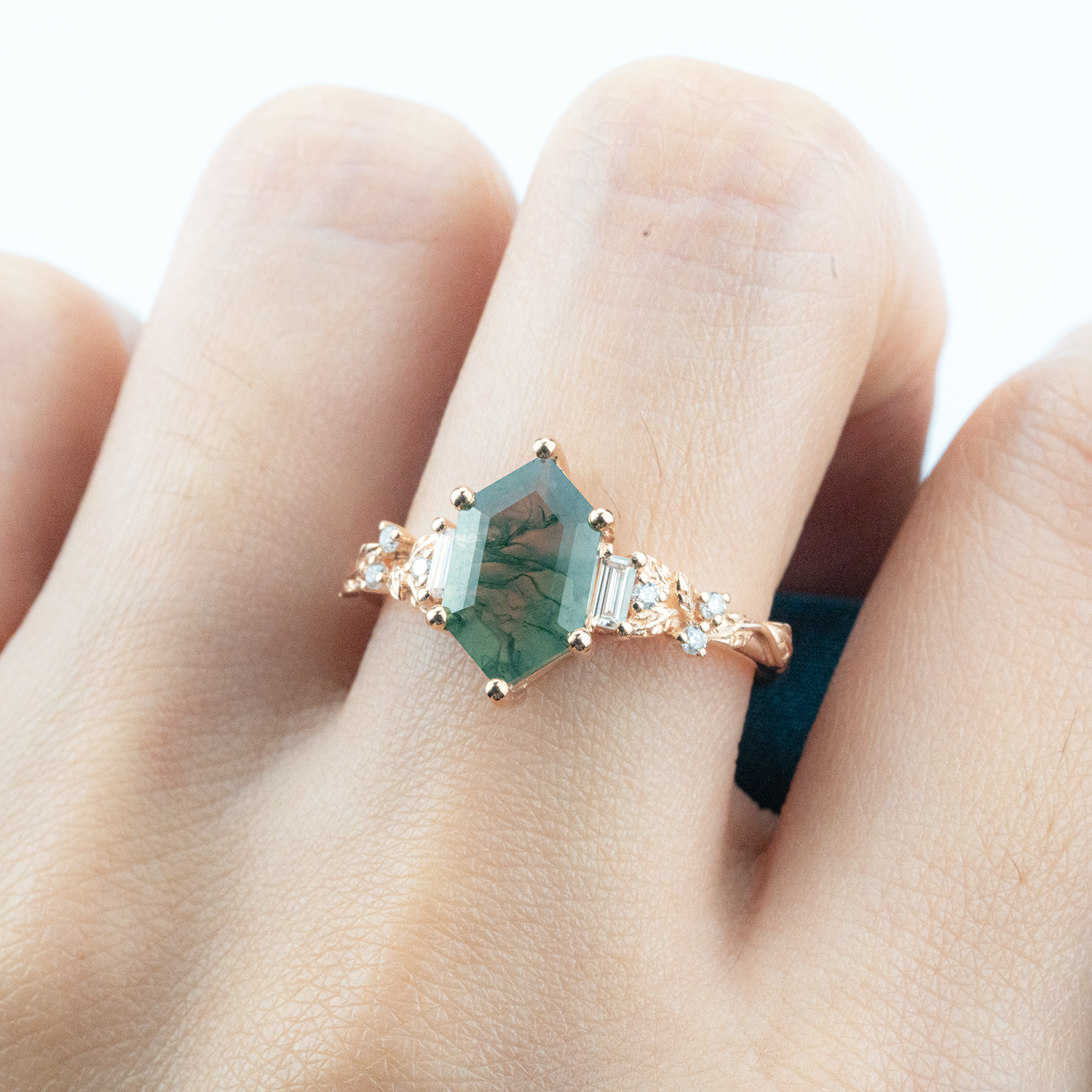 Hexagon Cut Moss Agate Engagement Ring Leaf Engagement Ring Vintage Match Ring
