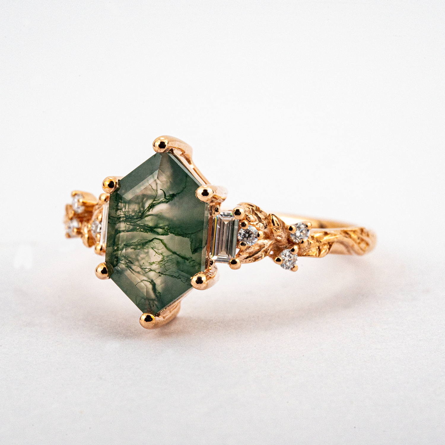 Hexagon Cut Moss Agate Engagement Ring Leaf Engagement Ring Vintage Match Ring