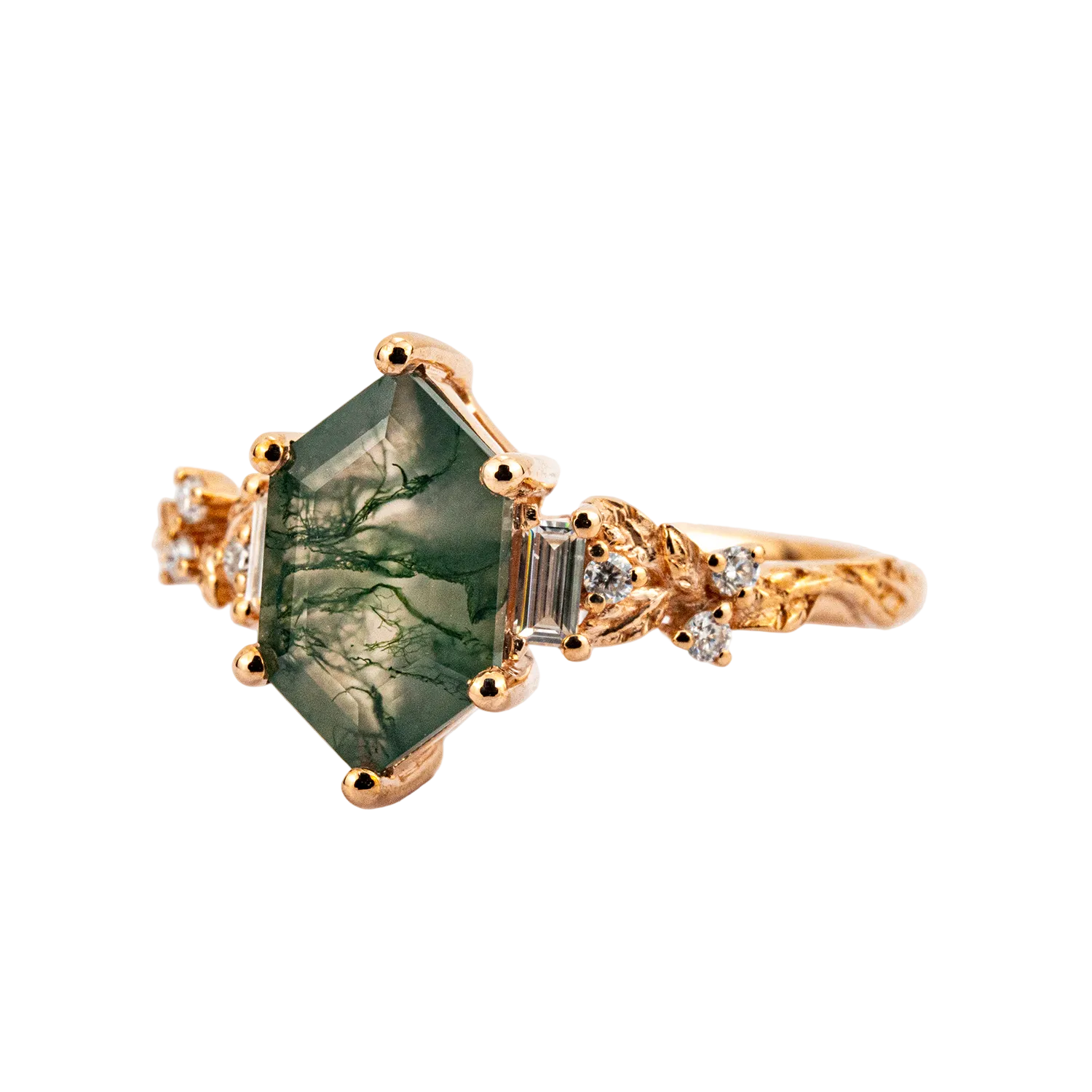 Product view of Long Hexagon Moss Agate Engagement Ring in Gold