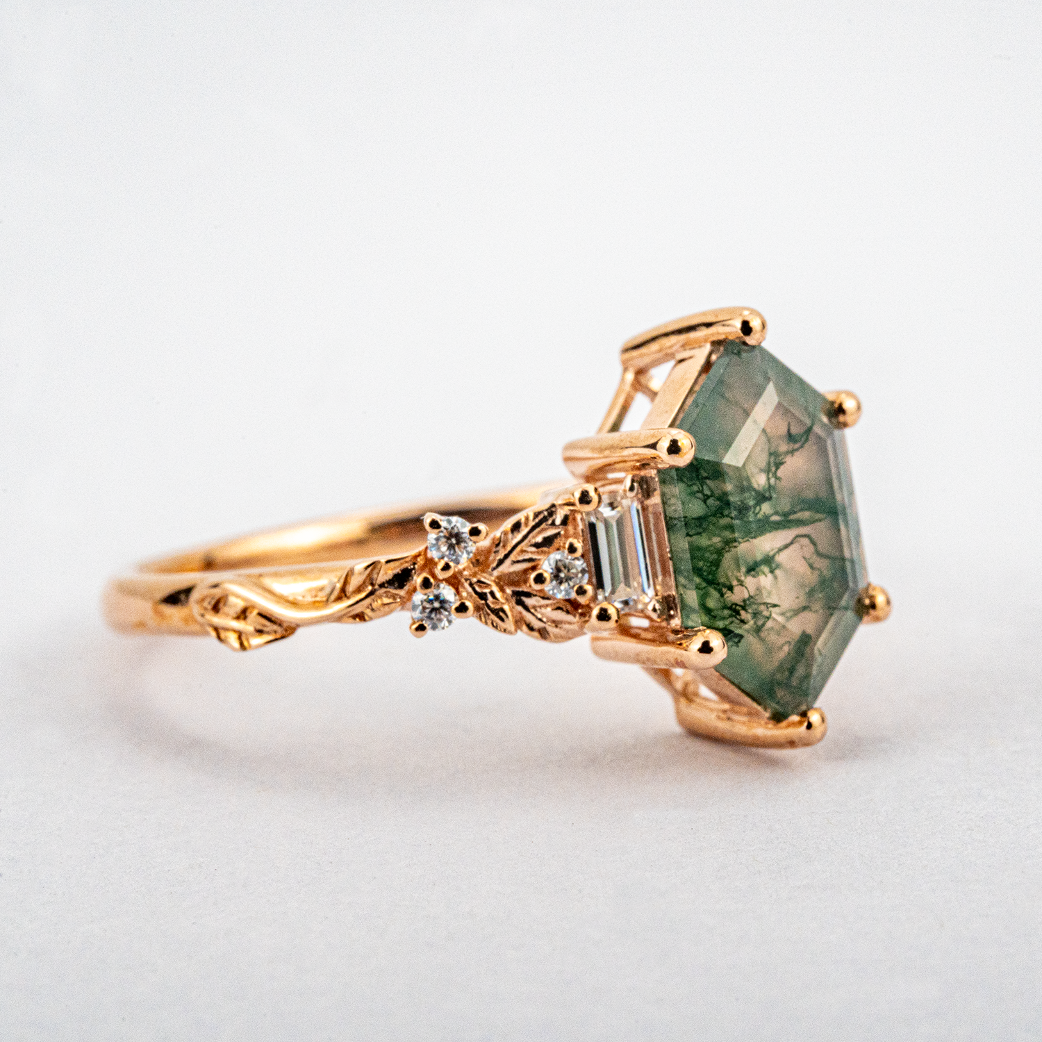 Hexagon Cut Moss Agate Engagement Ring Leaf Engagement Ring Vintage Match Ring