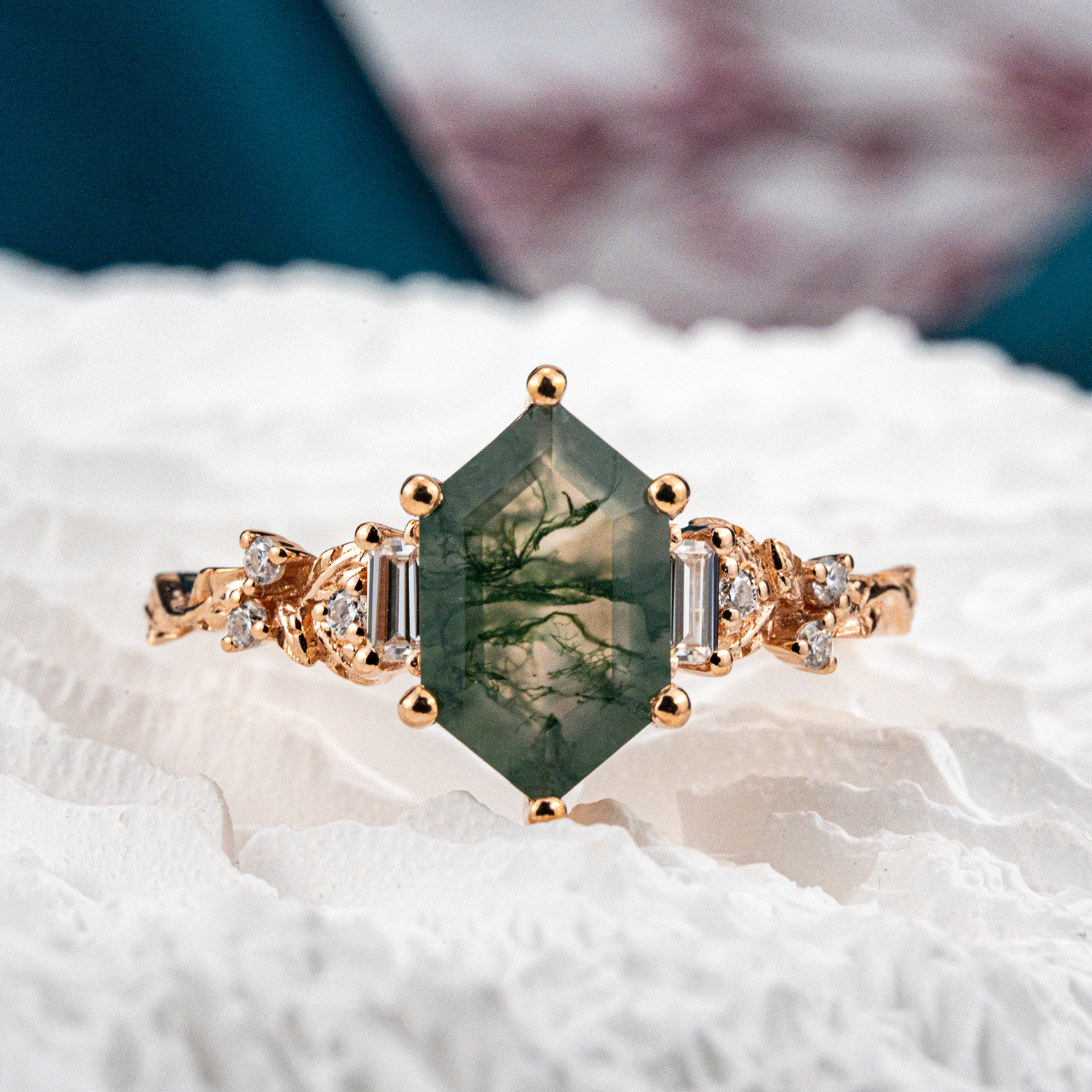 Hexagon Cut Moss Agate Engagement Ring Leaf Engagement Ring Vintage Match Ring