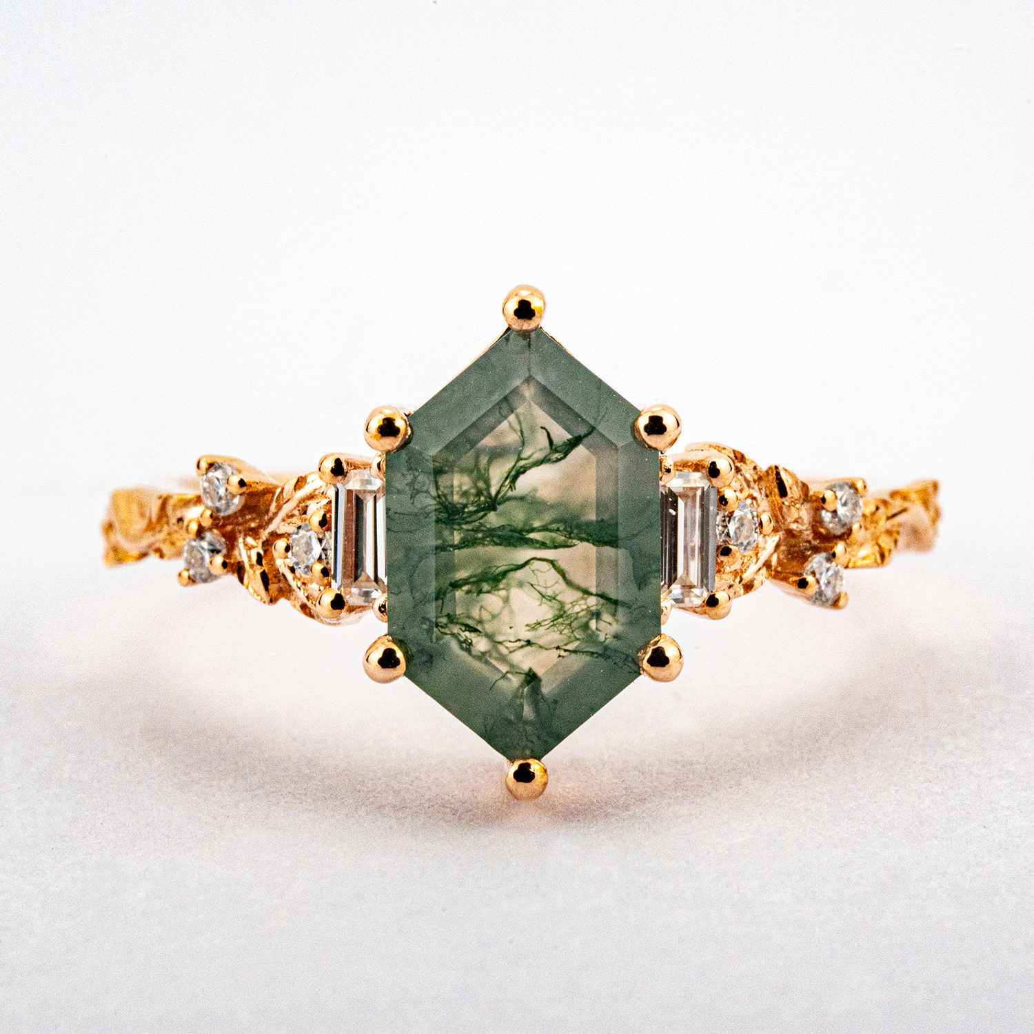 Hexagon Cut Moss Agate Engagement Ring Leaf Engagement Ring Vintage Match Ring