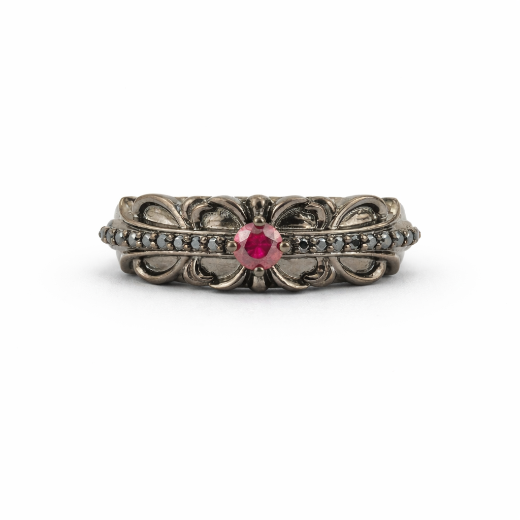 Product view of Round Garnet Wedding Band in Rose Gold