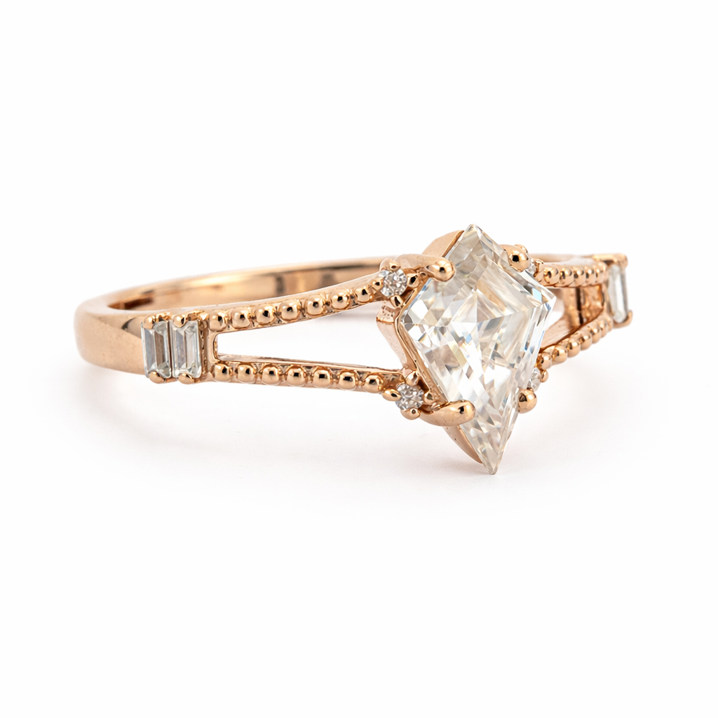 Product view of Kite Cut Moissanite Engagement Ring in Gold