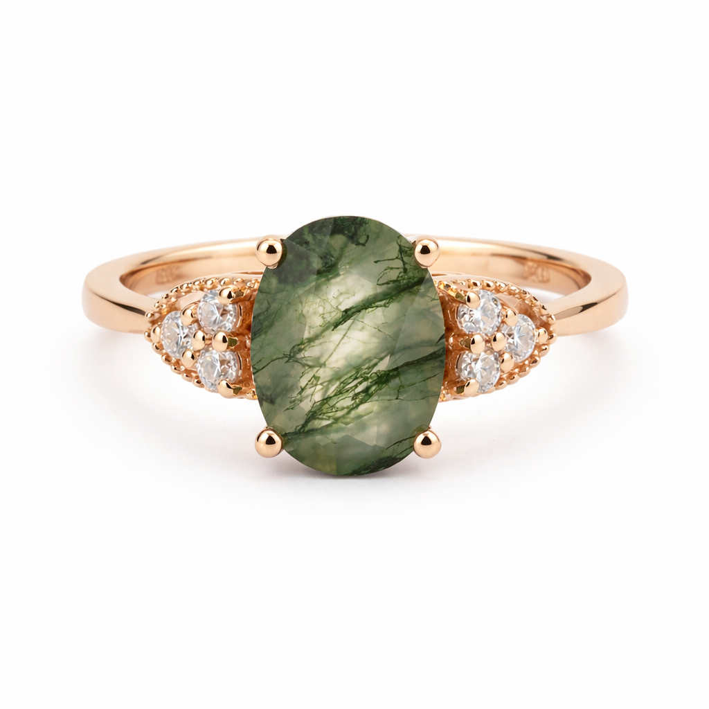 Front view of Oval Moss Agate Engagement Ring in Gold