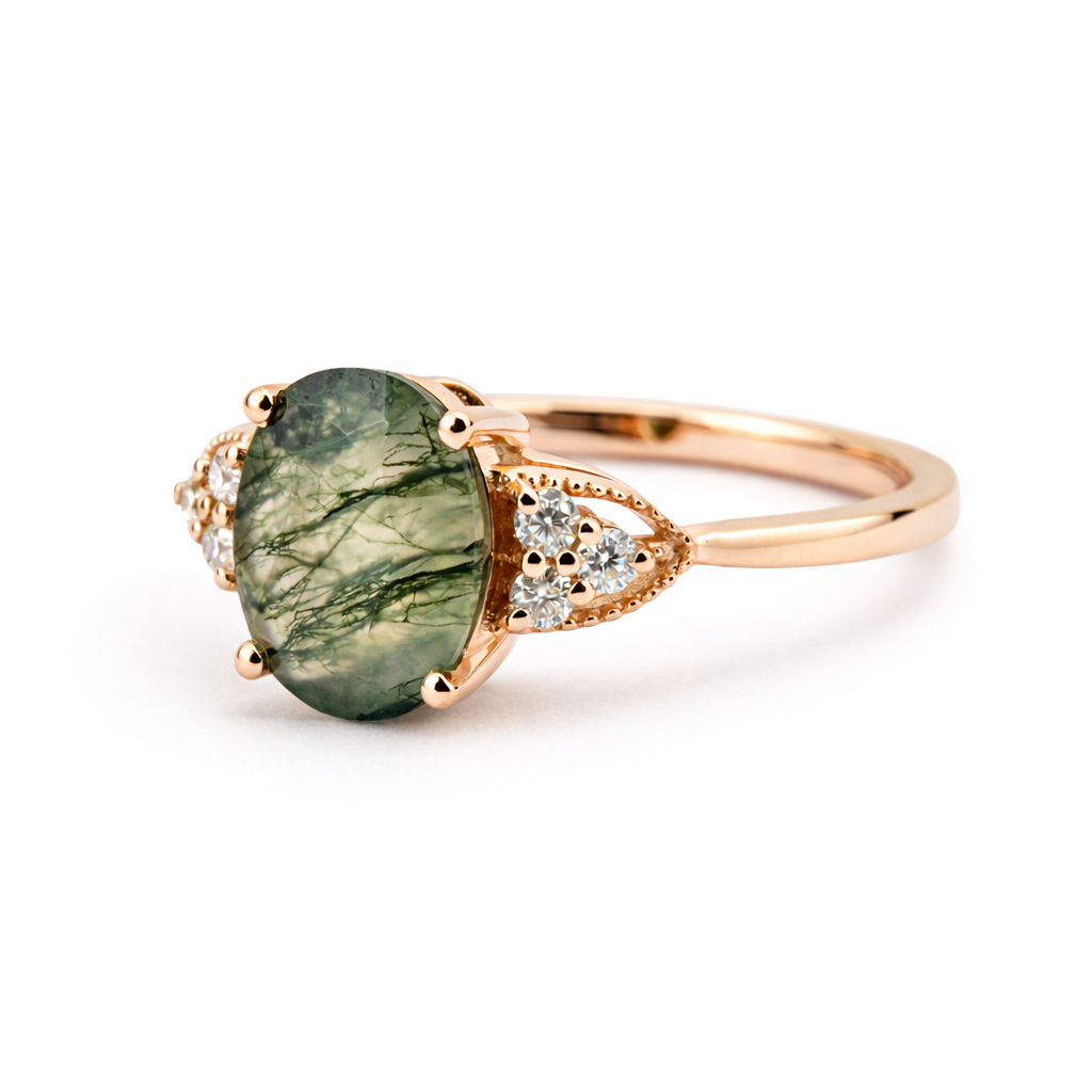 Product view of Oval Moss Agate Engagement Ring in Gold