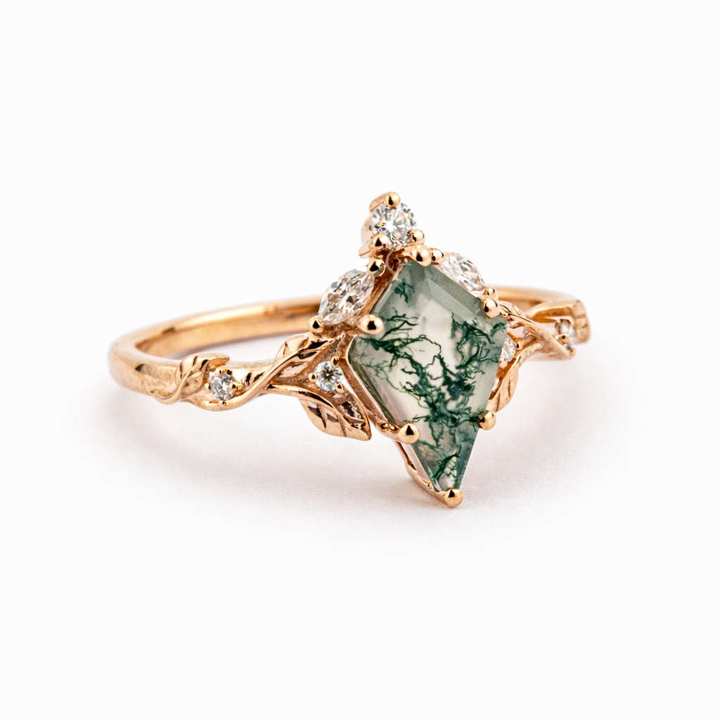 Product view of Kite Cut Moss Agate Engagement Ring in Gold