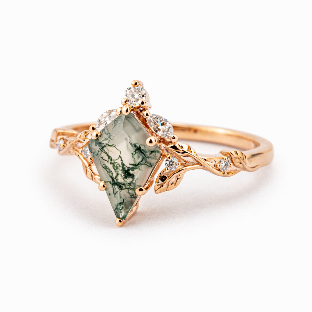 Product view of Kite Cut Moss Agate Engagement Ring in Gold