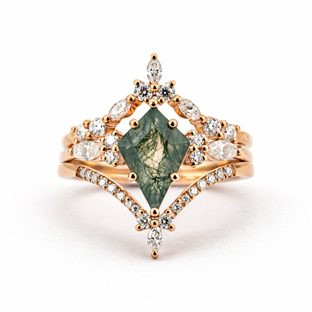 Front view of Kite Cut Moss Agate Ring Set in Gold