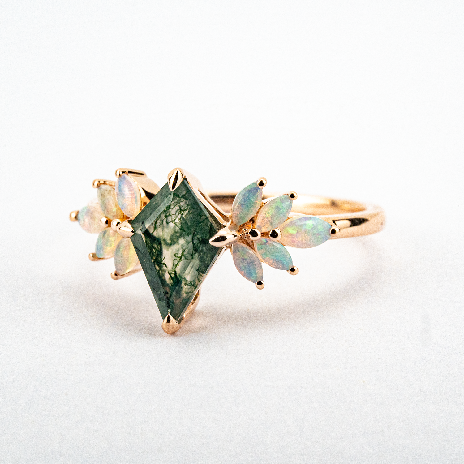 Kite-shaped Moss Agate With Opal Rose Gold Ring Art Deco Ring Opal Engagement Ring