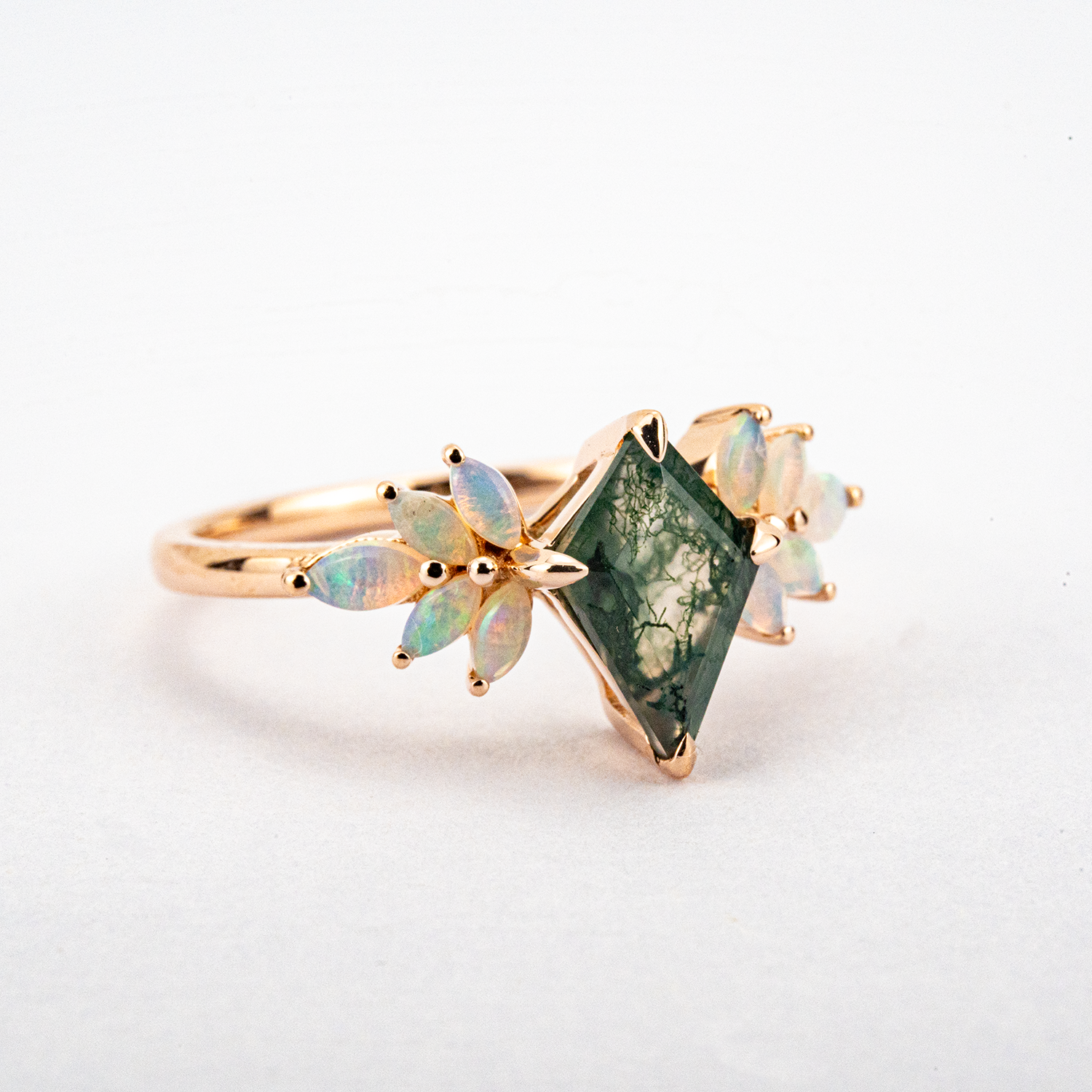 Kite-shaped Moss Agate With Opal Rose Gold Ring Art Deco Ring Opal Engagement Ring