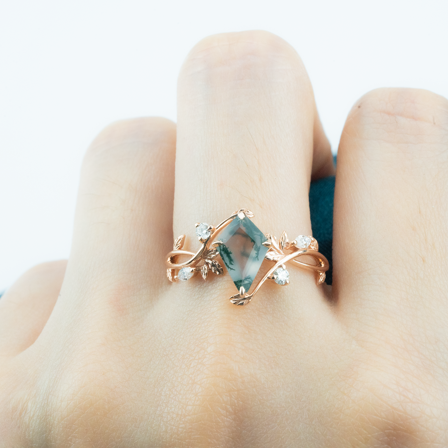 Kite Cut Moss Agate Wedding Ring Agate Leaf Engagement Ring Match Ring For Couple