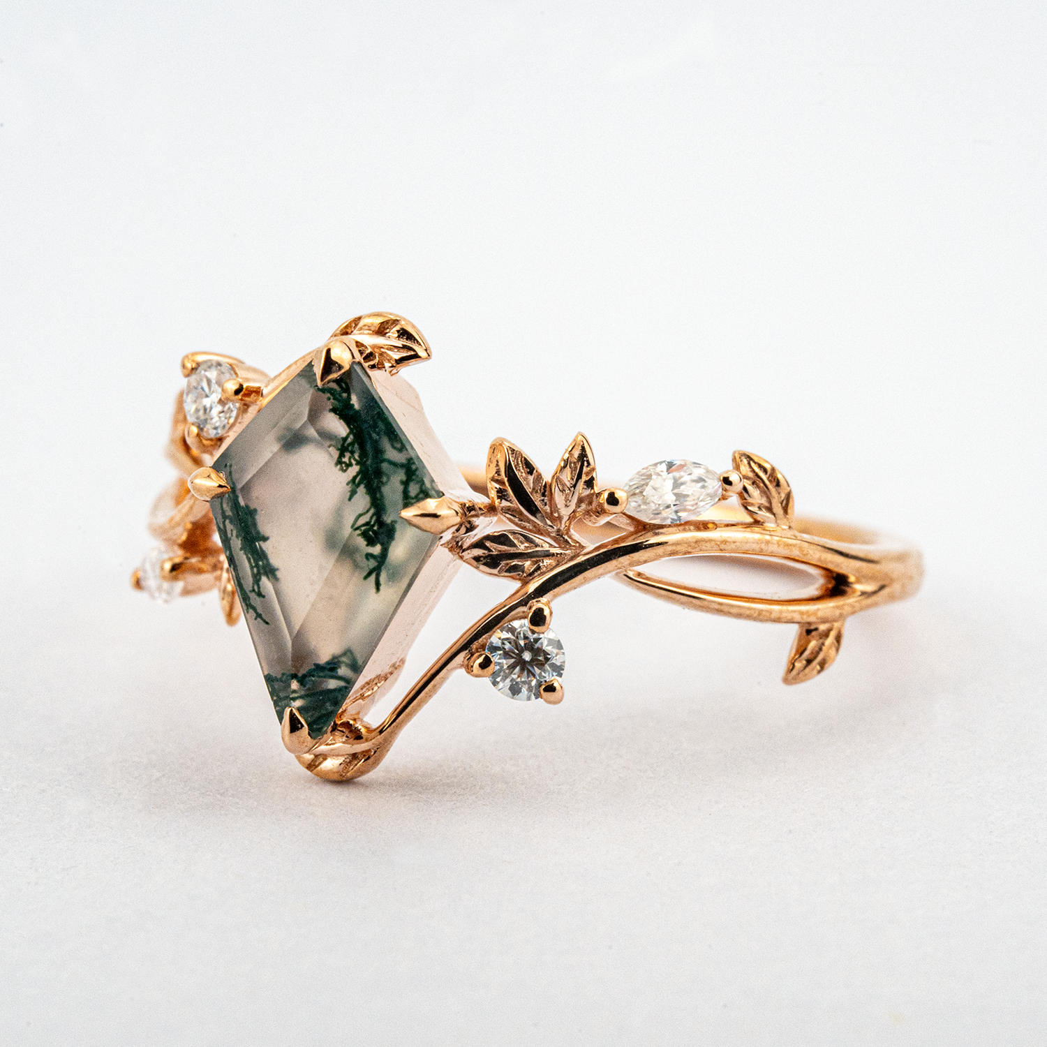 Kite Cut Moss Agate Wedding Ring Agate Leaf Engagement Ring Match Ring For Couple